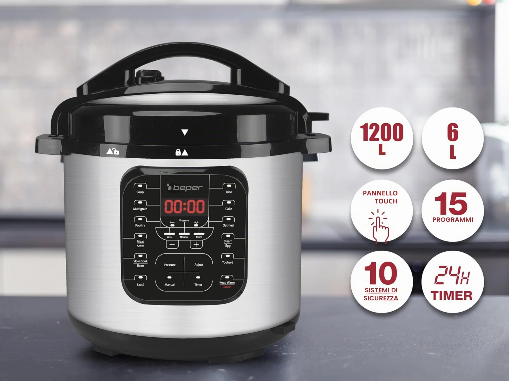 BEPER P101COS001 Pentola a Pressione Elettrica 6L 15 Programmi Acciaio Inossidabile Multicooker Slow Cooker
