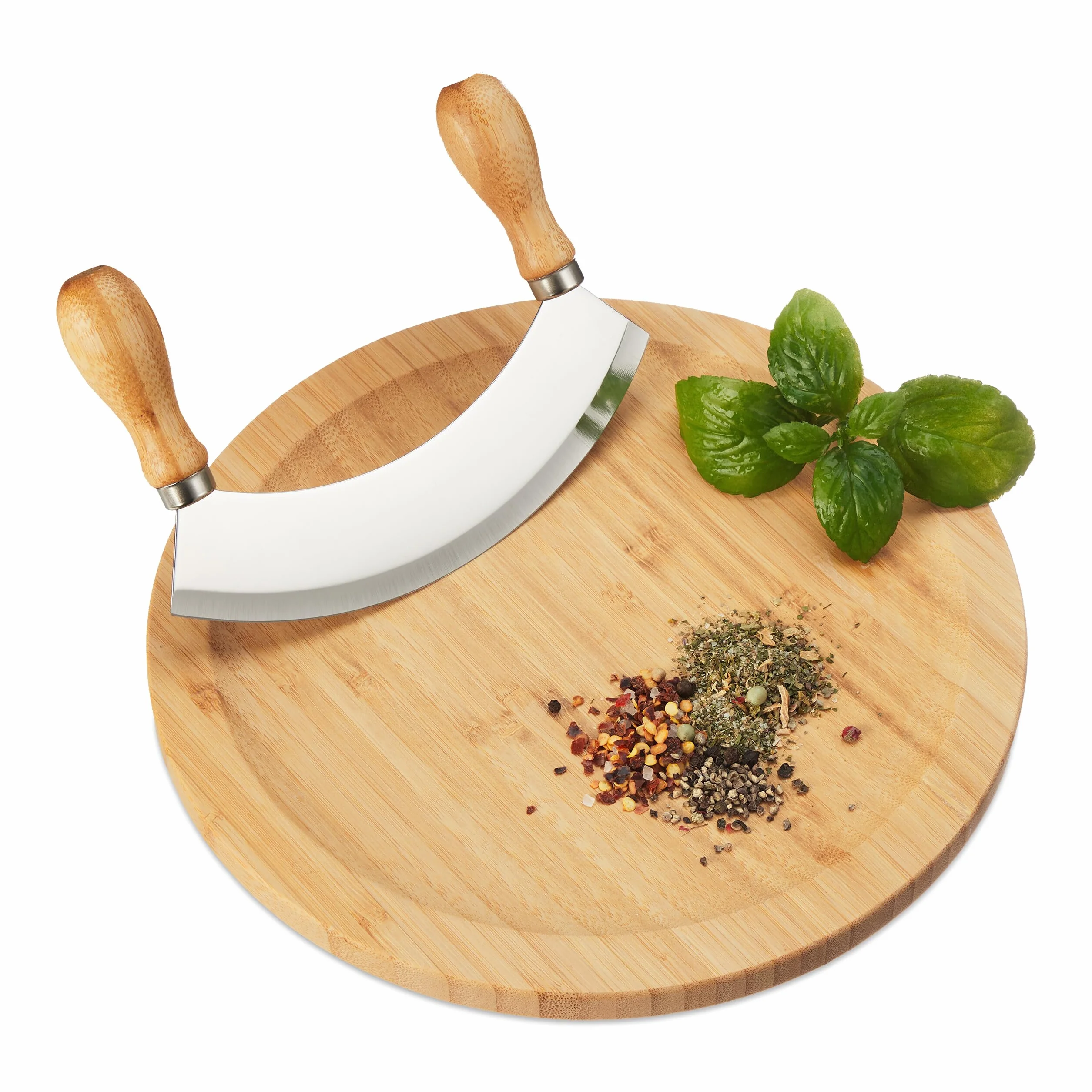 Relaxdays Mezzaluna con Tagliere Ø 25cm, Coltello a Monolama Trita Erbe, in Acciaio Inox e bambù, Naturale Argentato