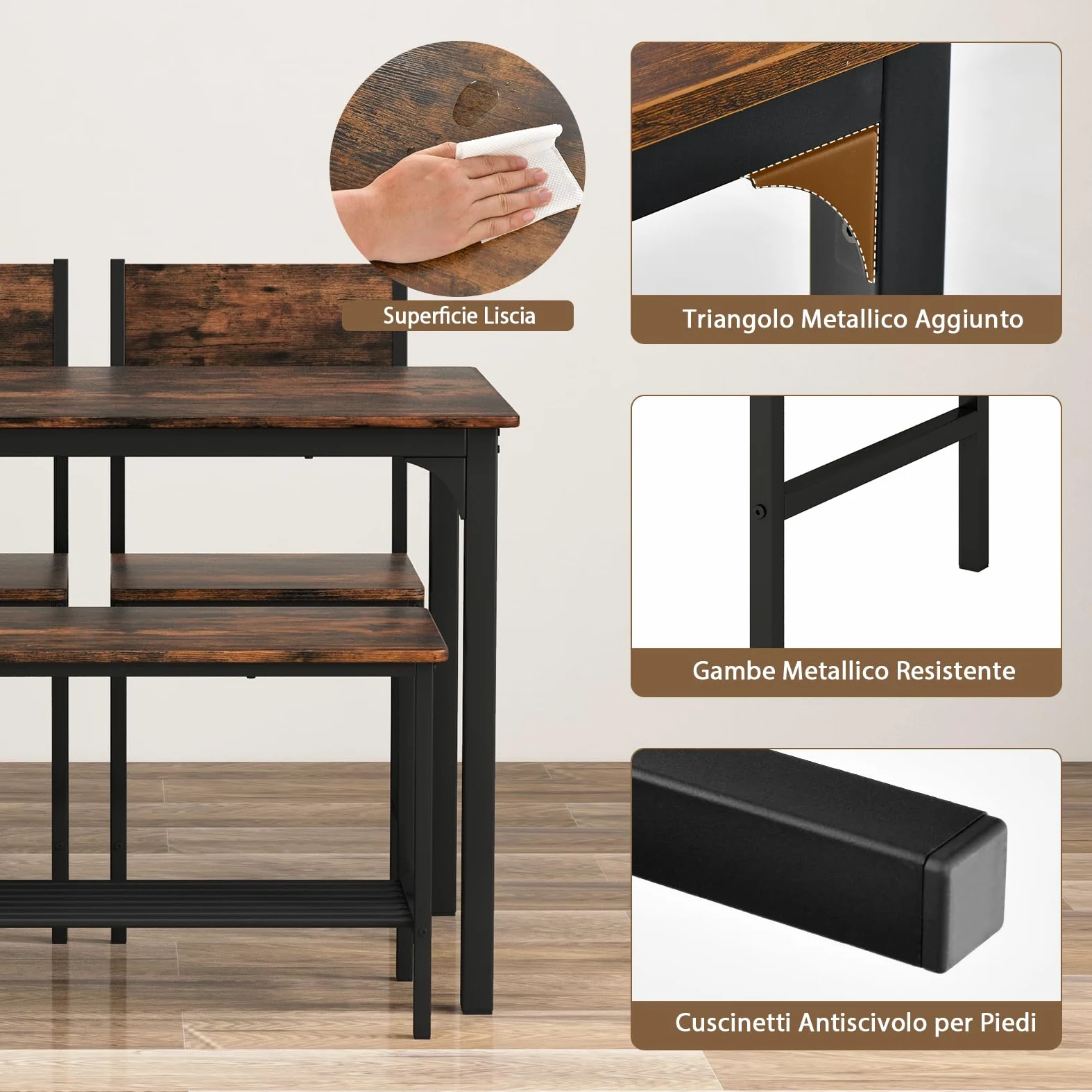 RELAX4LIFE Set Tavolo e Sedie da Cucina con Tavolo da P ranzo, Panca e 2 Sedie, 4 Posti, in Design Industriale gruppo sedute con Ripiano in MDF e Struttura in Metallo (marrone rustico)