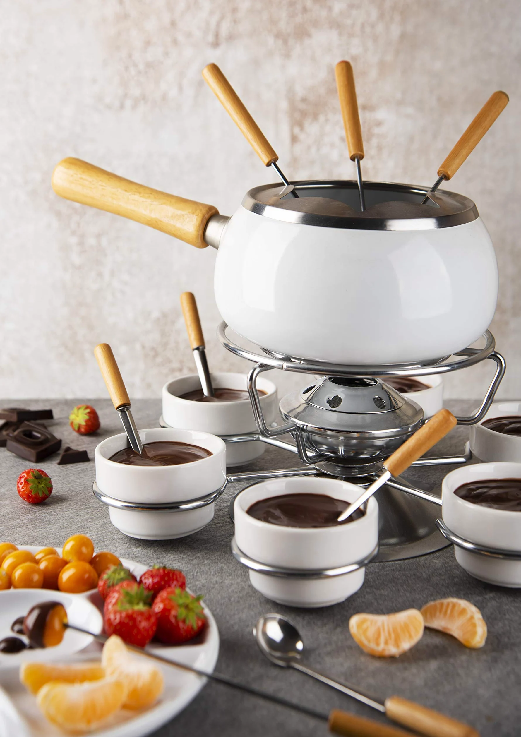 Excelsa Convivio Servizio Fonduta 28 Pezzi, Casseruola Smaltata Con Manico In Legno