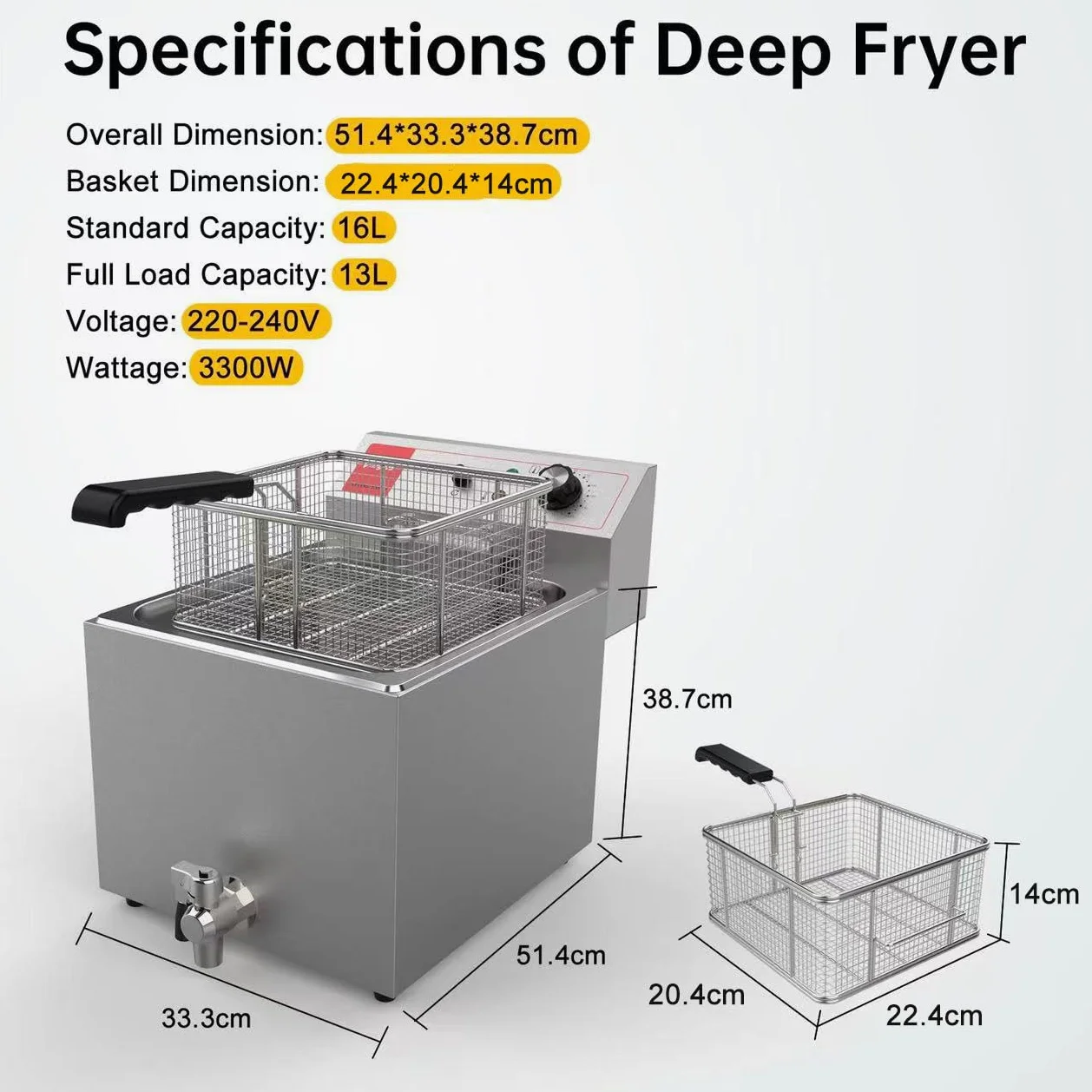 Valgus Friggitrice Elettrica Professionale in acciaio inox 3300W 16L Friggitrice da banco di grande capacità con cestello e coperchio, sistema di drenaggio