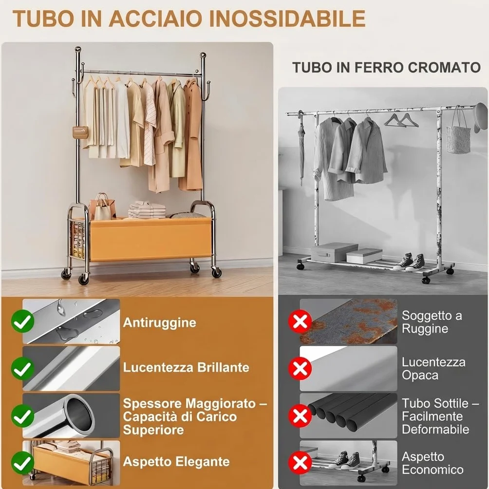 Appendiabiti da Terra in Acciaio Inox con Ruote, 3 in 1, Portata 115 kg