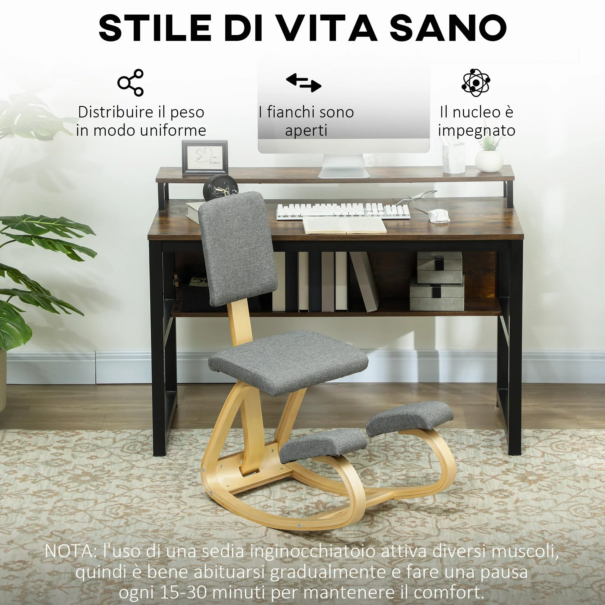 HOMCOM Sedia Ergonomica a Inginocchiatoio con Movimento a Dondolo, Sedia Ergonomica Imbottita Posturale in Tessuto Effetto Lino e Legno di Betulla, 51x84x93 cm, Grigio
