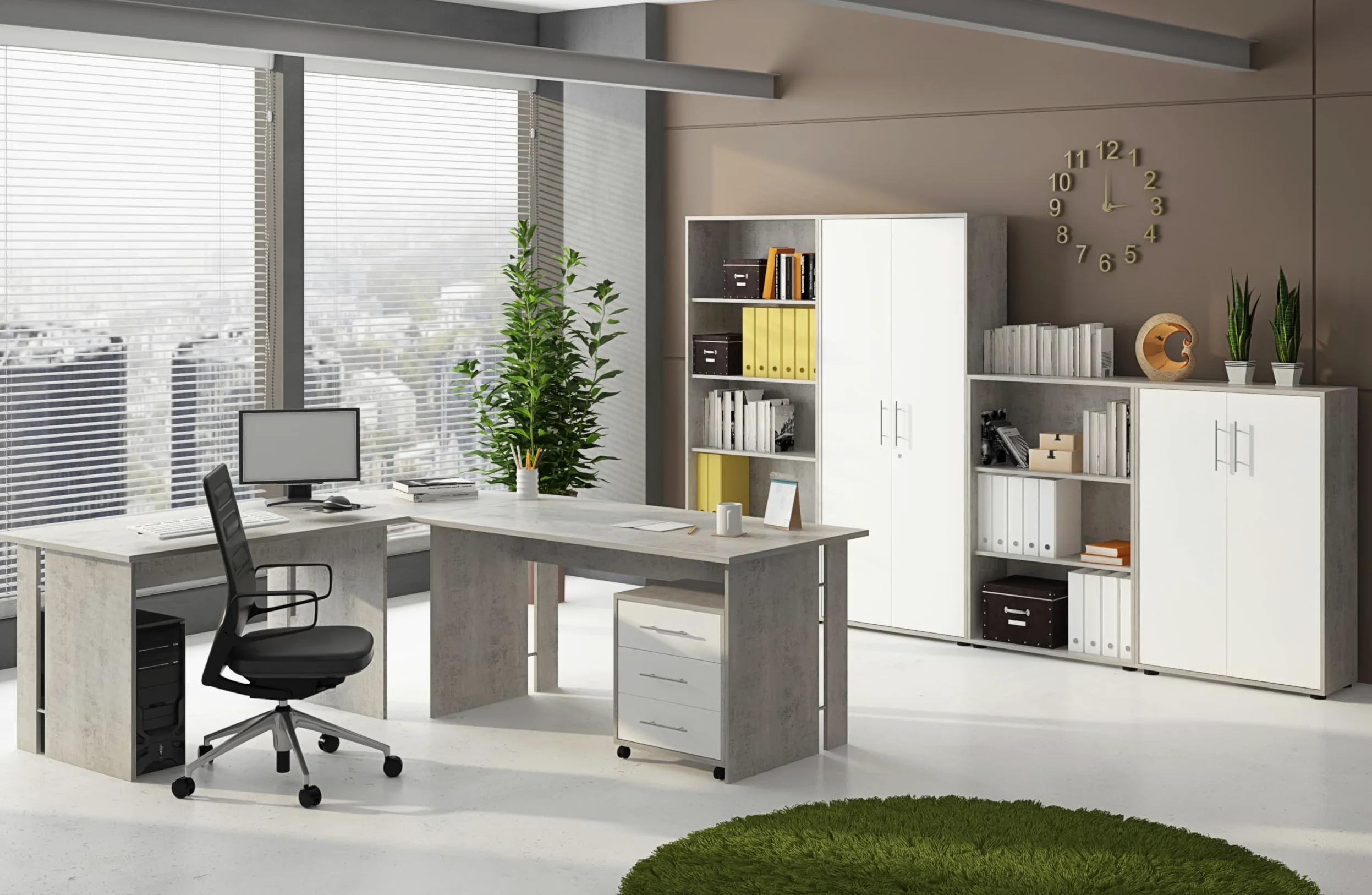 Arreditaly Set Ufficio Completo Con 2 Scrivanie 1 Modulo Ad Angolo 1 Cassettiera Con Ruote 2 Armadi Alto e Basso 2 Librerie Alta E Bassa Finitura Bianco Frassinato E Grigio Cemento
