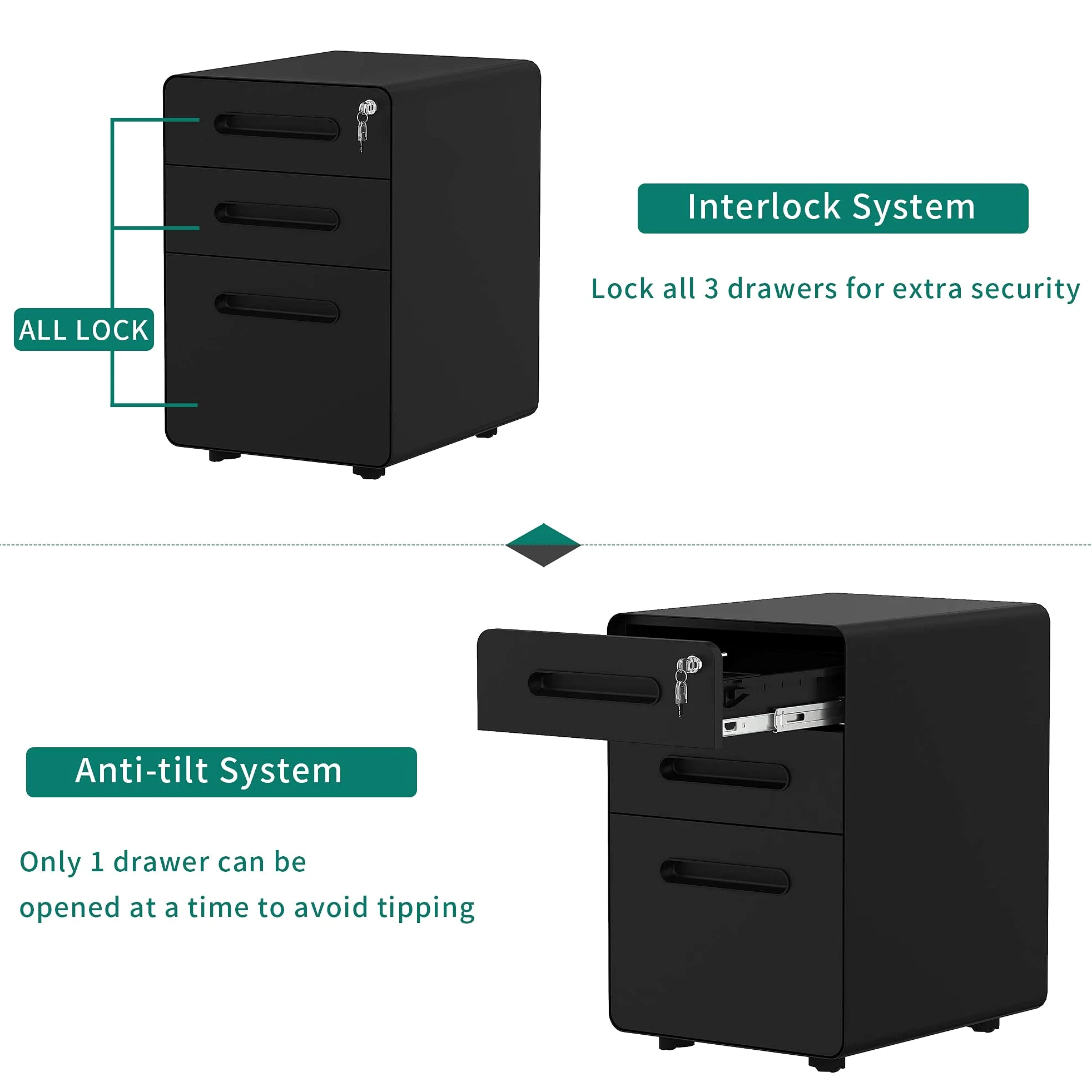 YITAHOME Armadietto Per Documenti A 3 Cassetti In Metallo Con Serratura, Completamente Assemblato, Nero, Large