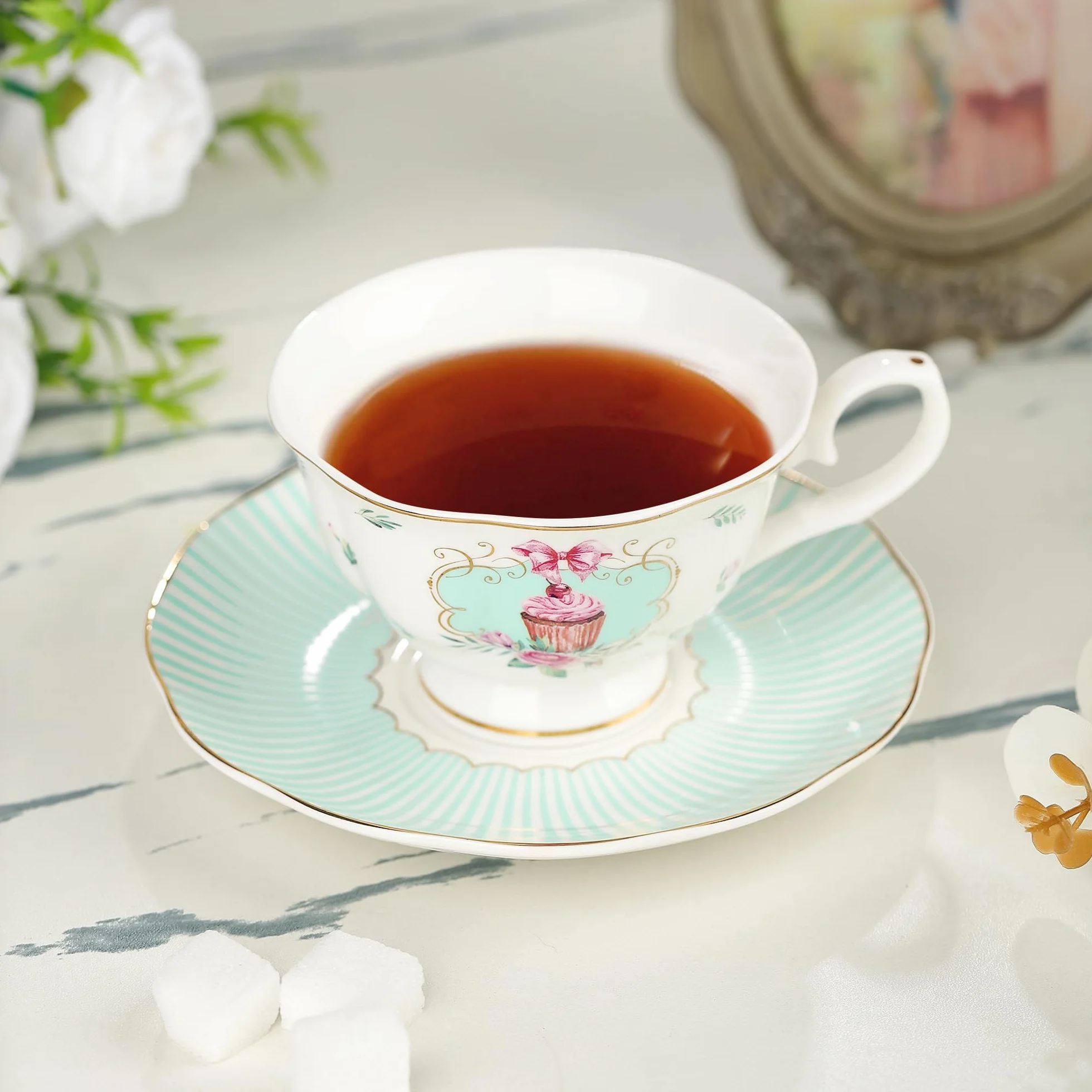 Fanquare Zestaw 6 Filizanek i Spodków Różowy, Serwis do Herbaty Porcelanowy w Kwiaty