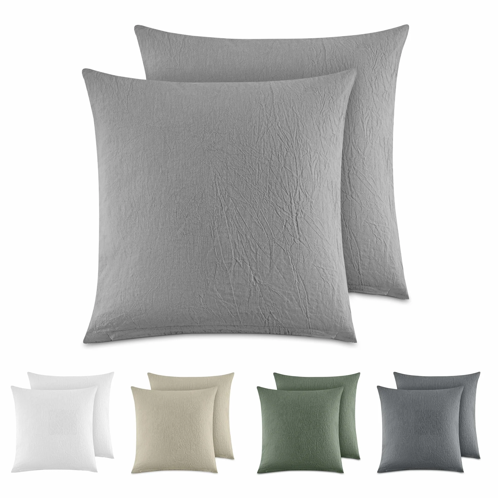 Dreamzie Federe Cuscino 40x40 cm Set di 2 Cotone Lavato Grigio Chiaro Cerniera OEKO-TEX