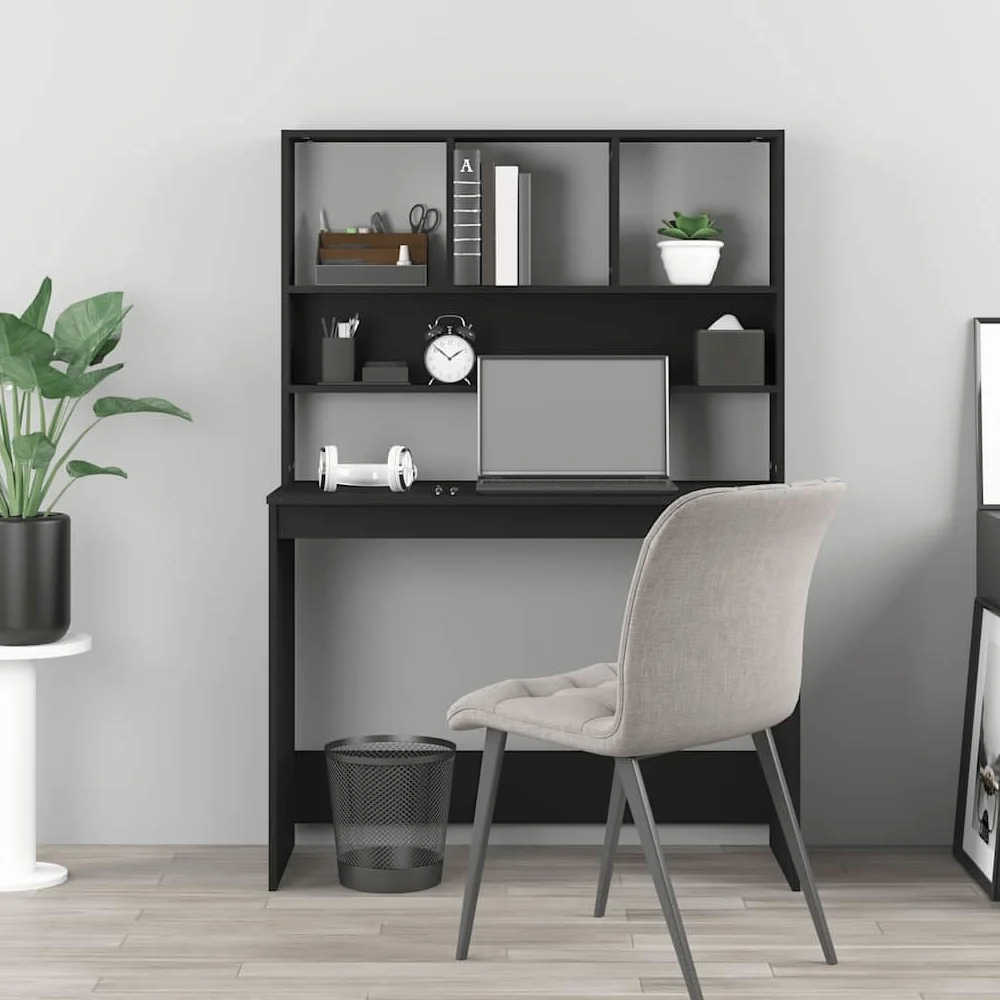 Scrivania con mensola nera, 102 x 45 x 148 cm, in legno, da ufficio, con vano portaoggetti e spazio per raccoglitori e documenti