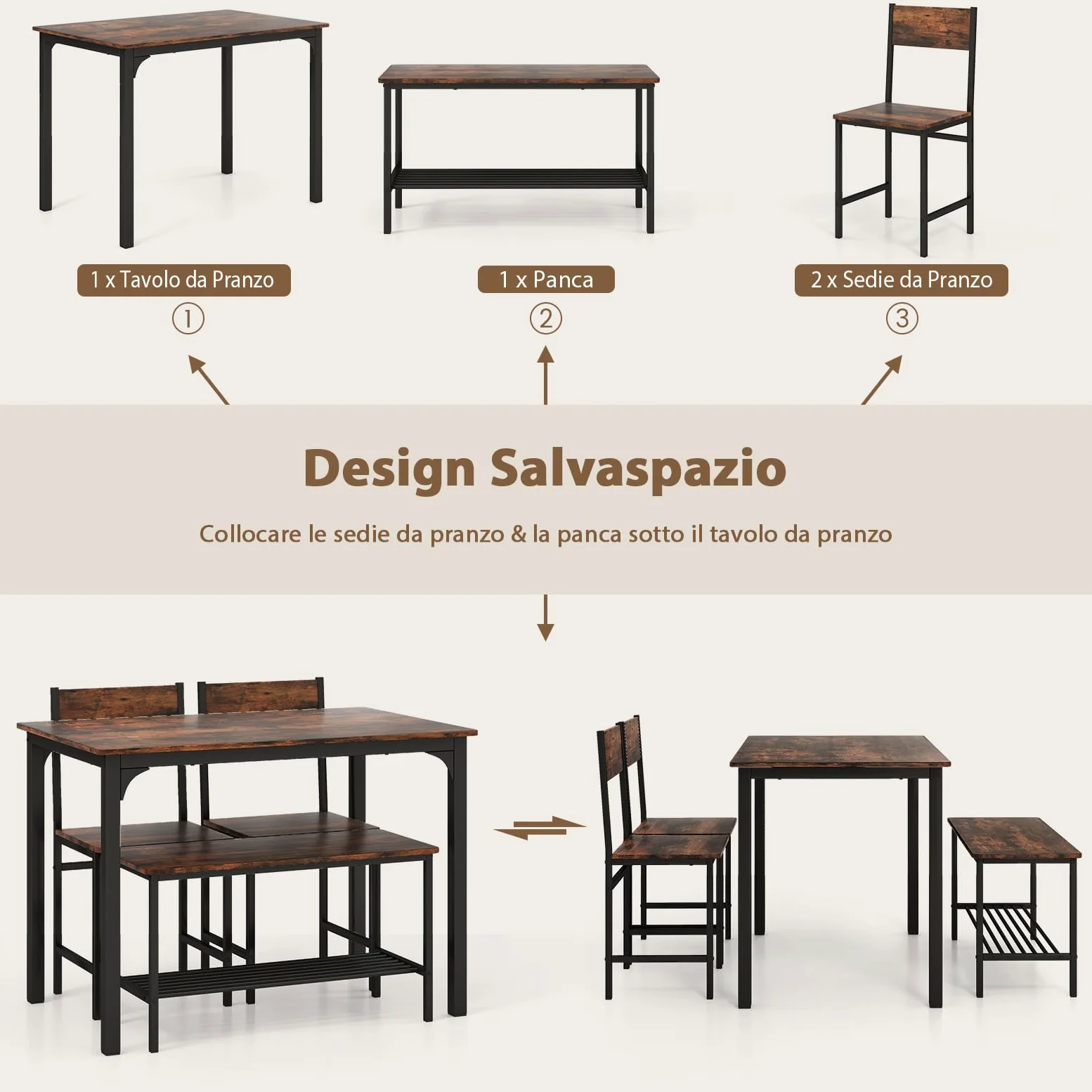 RELAX4LIFE Set Tavolo e Sedie da Cucina con Tavolo da P ranzo, Panca e 2 Sedie, 4 Posti, in Design Industriale gruppo sedute con Ripiano in MDF e Struttura in Metallo (marrone rustico)