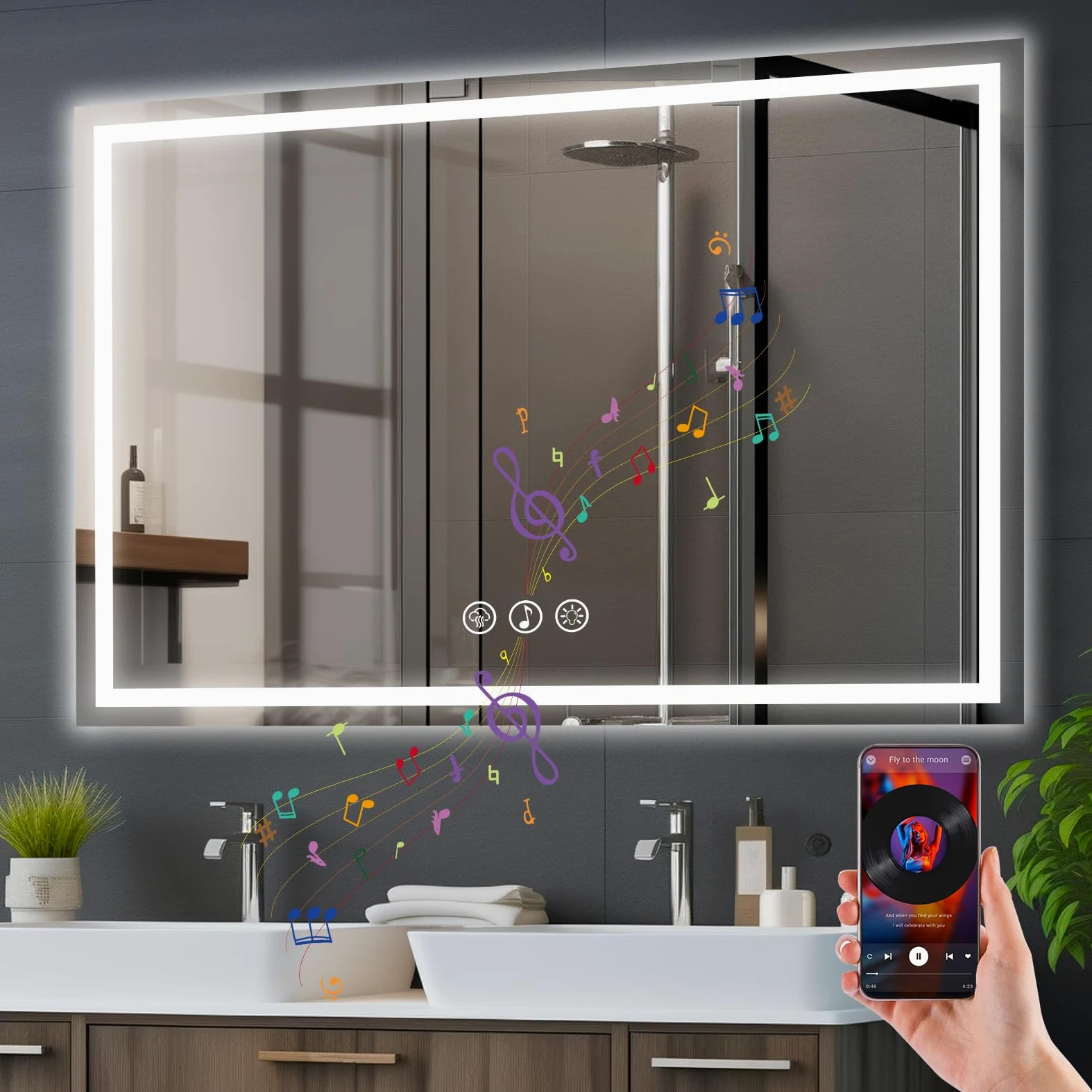 70x100cm Specchio Bagno con Luce LED e Bluetooth, Specchio da Parete Antideflagrante con Luminosità Regolabile，3 Colori Luce, IP44 impermeabile, vetro temperato, Orizzontale/Verticale
