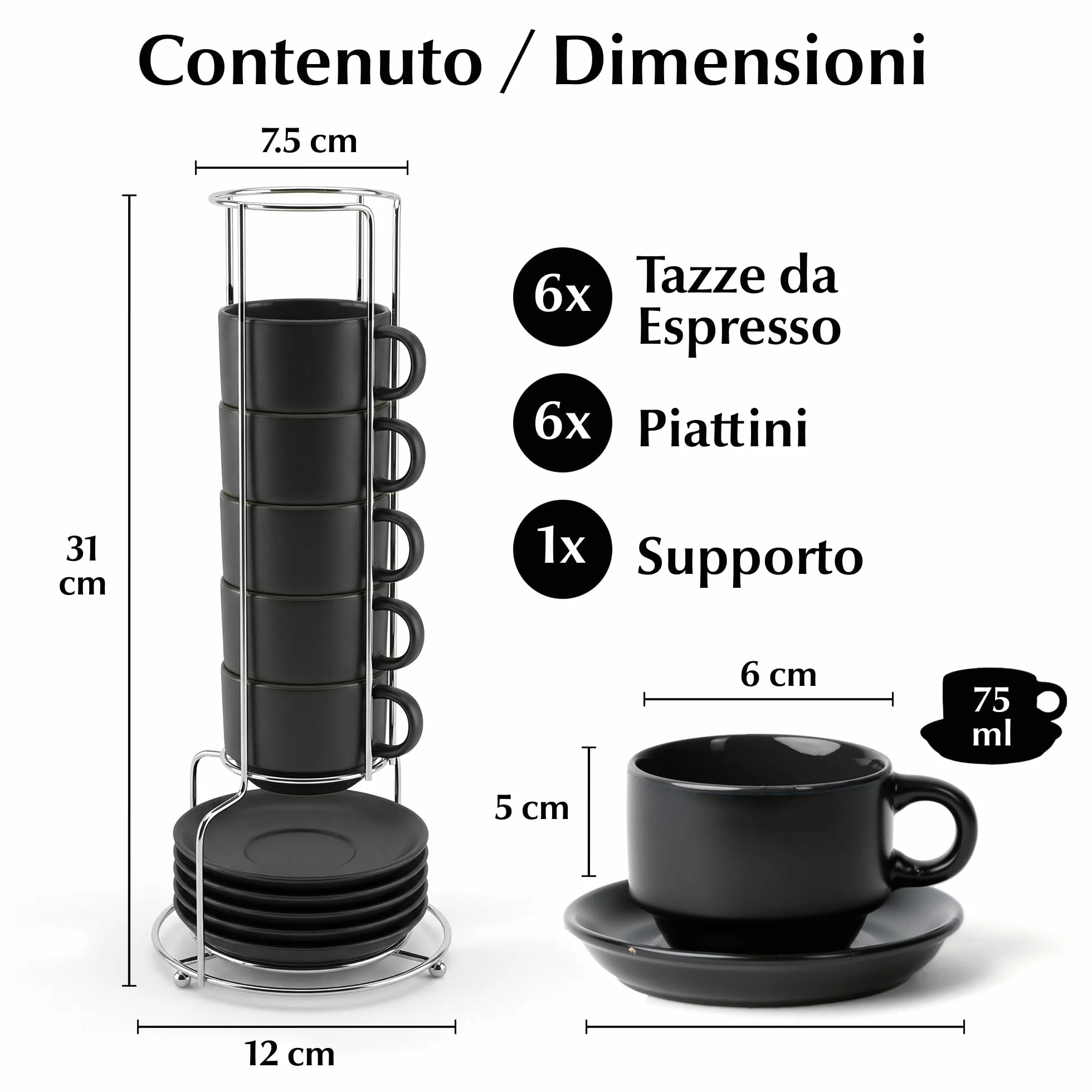 Le Papillon Collezione Set di Tazze da Caffè in Ceramica 6 x 75 ml Espresso Tazzina Impilabile Nero