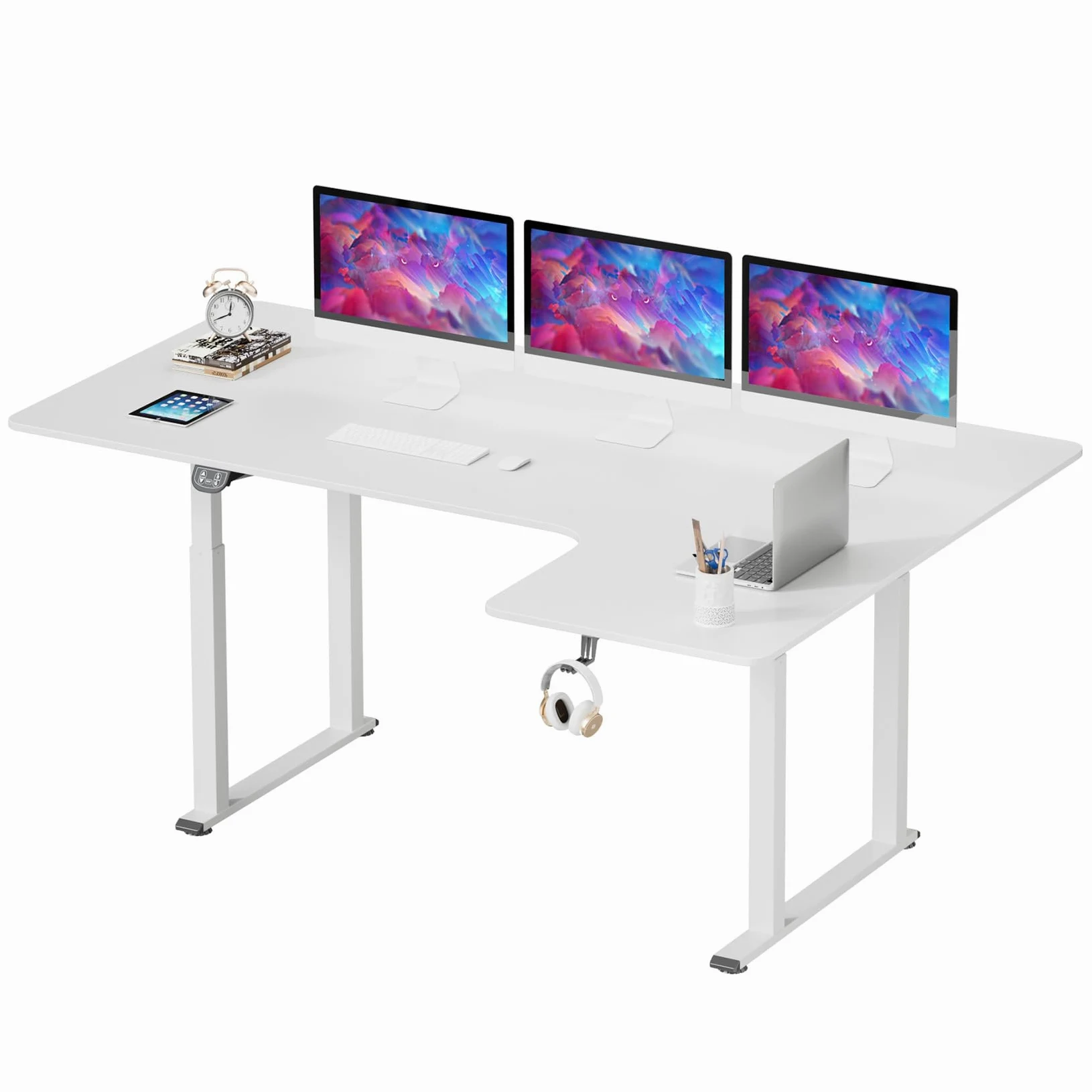 Dripex Scrivania regolabile in altezza 180x110cm, Scrivania ad angolo con doppio motore, Standing Desk con 4 gambe per una super stabilità, bianca
