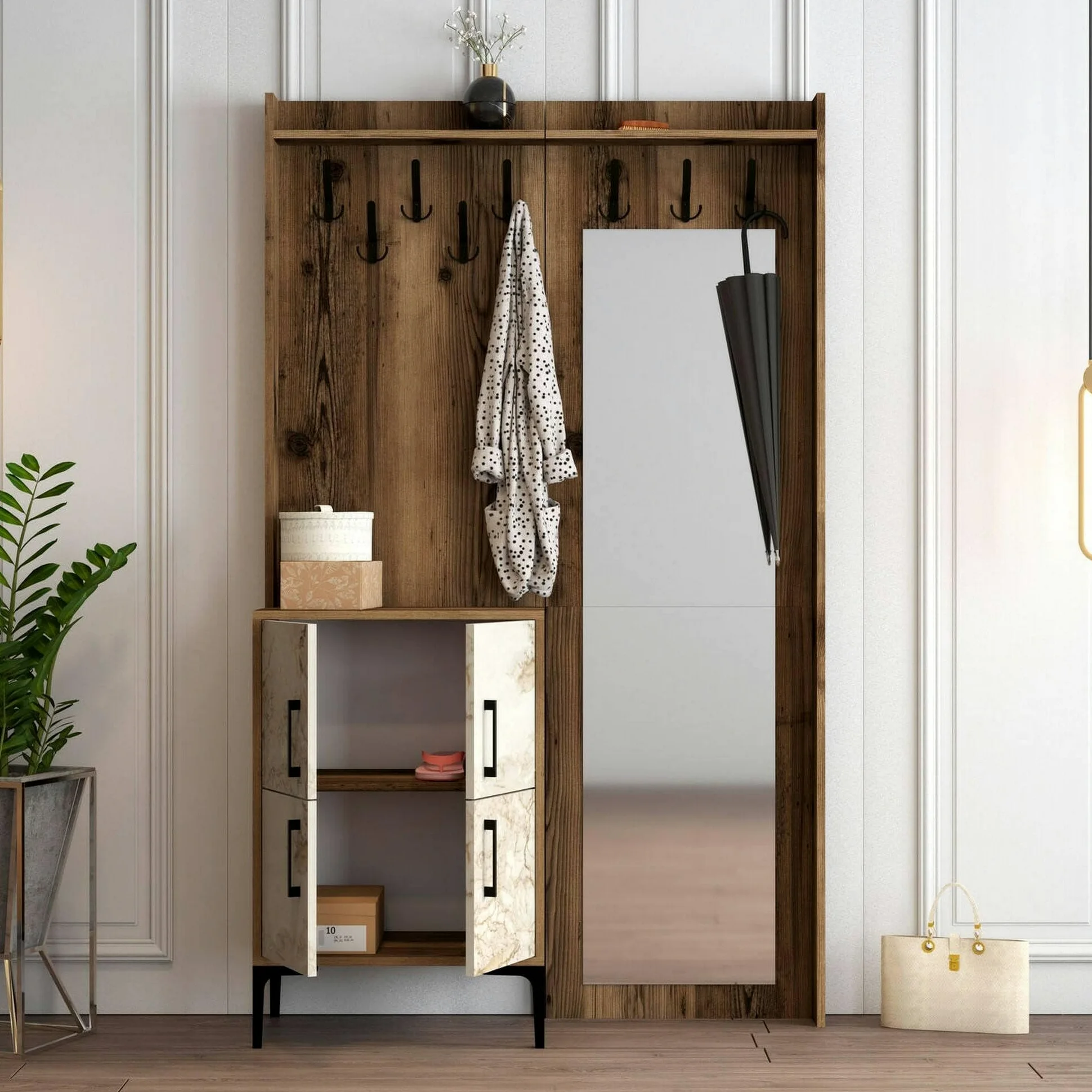 Dmora - Mobile da ingresso Pollux, Entratina appendiabiti, Composizione per atrio, Consolle portaoggetti multifunzione, 120x35h200 cm, Noce e Bianco