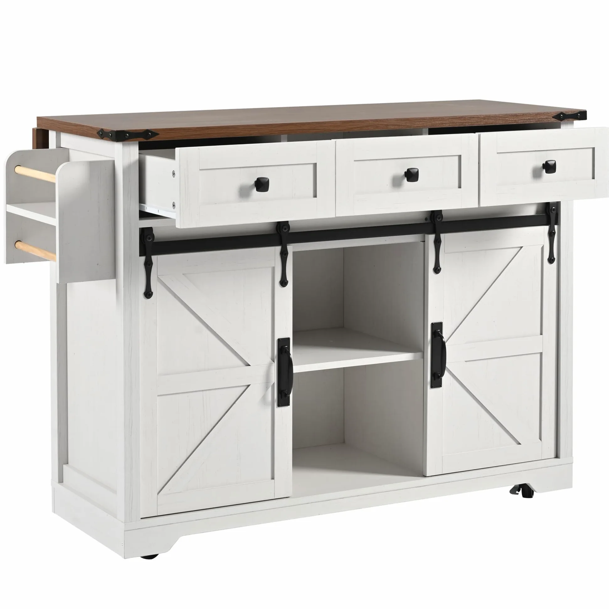 Isola della Cucina, Carrello da Portata Con Piano di Lavoro Estraibile, Su Ruote, Armadio Con Ante e Cassetti (Due Ante+Tre)
