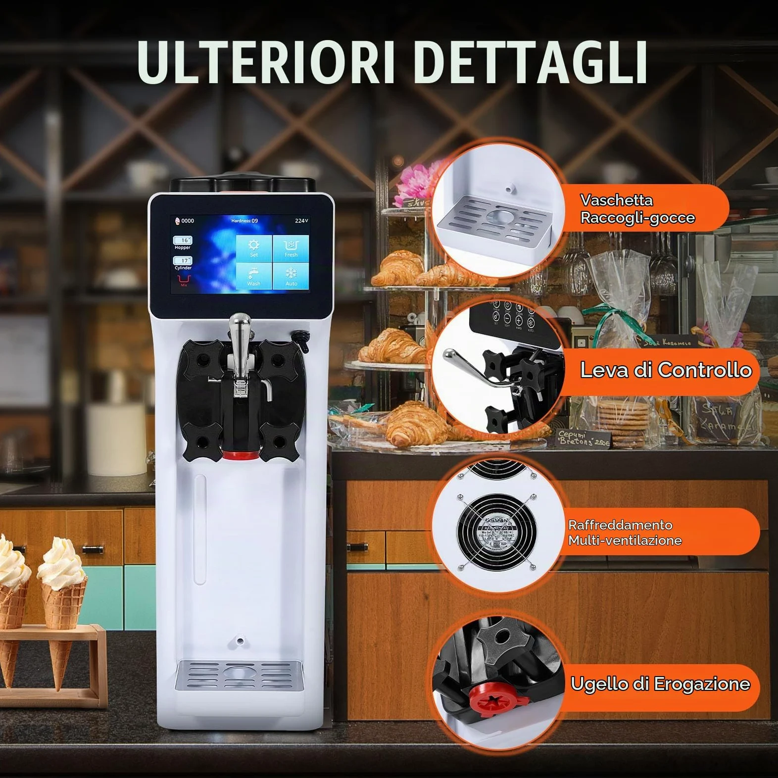 VEVOR Macchina per Gelato Commerciale, Produzione 10 L/H, Macchina per Gelato Soft da Banco Monogusto 900 W, Tramoggia 4 Litri, Cilindro 1,6 Litri, per Snack Bar Ristorante