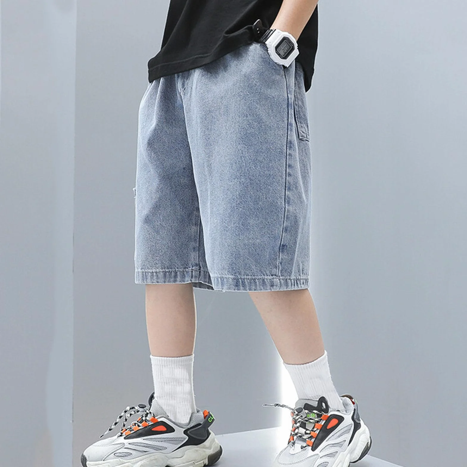 Pantaloncini da jogging in denim per bambini con coulisse e tasche 3-12 anni