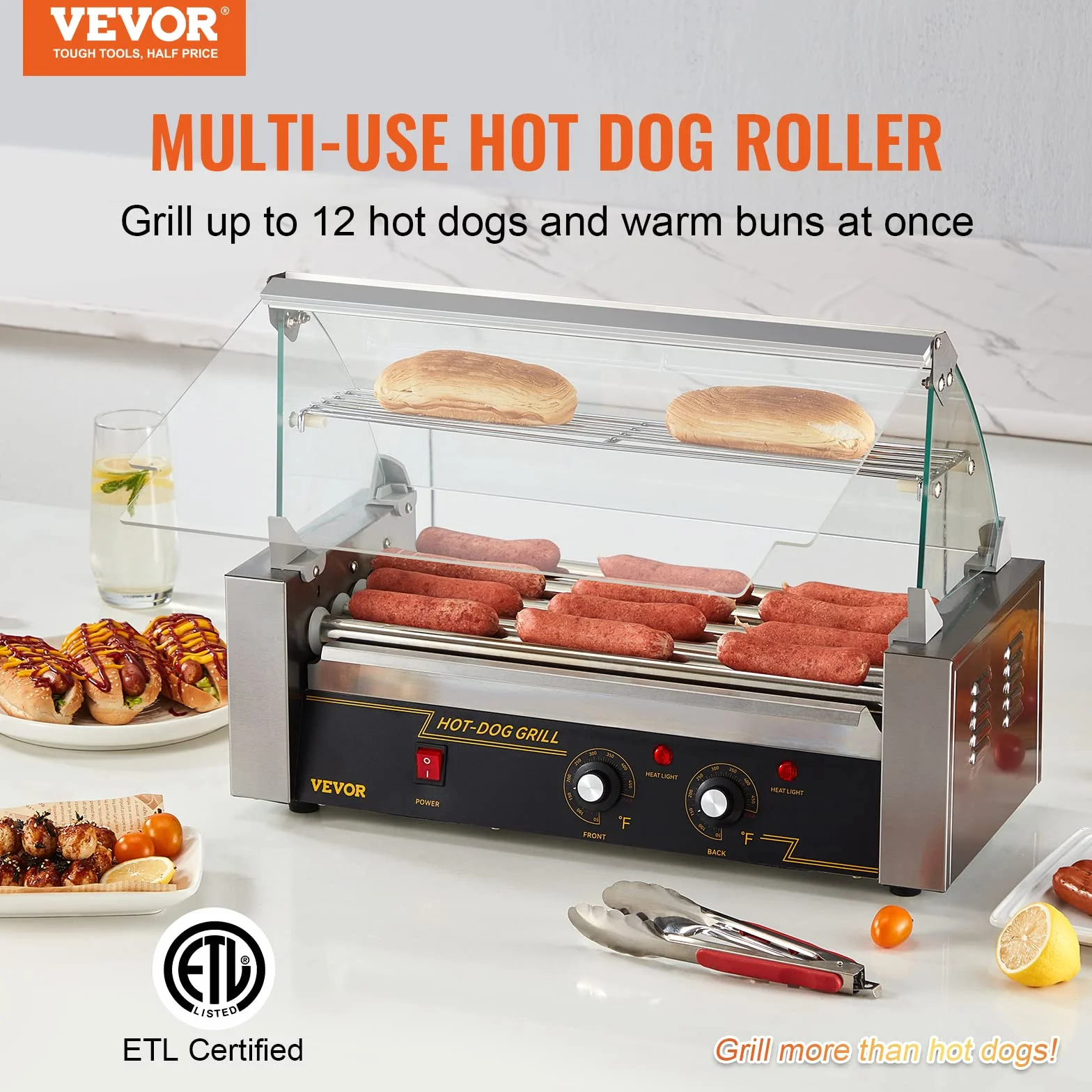 VEVOR Rouleau hot-dog, 5 Rouley, Grigliati a Macchina con Salsicce e Insolubili con Doppio Controllo della Temperatura, 12 hot-dog1000 W Macchina hot-dog con Couvercle, Autista Versa Petits Dolori