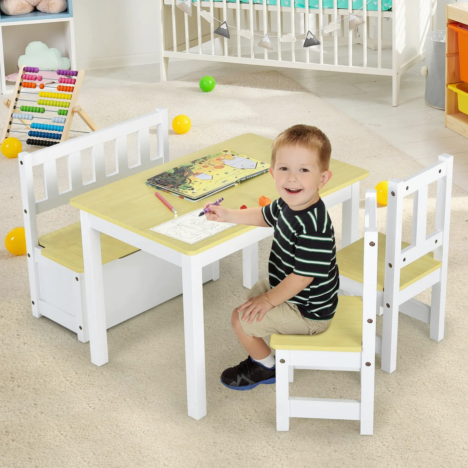 COSTWAY Set 4 Pezzi Tavolo e Sedie per Bambini, 2 in 1 Tavolino Attività di Legno per Bambini con 2 Sedie e 1 Panca, per Giocare Disegnare Leggere e Mangiare (Naturale)