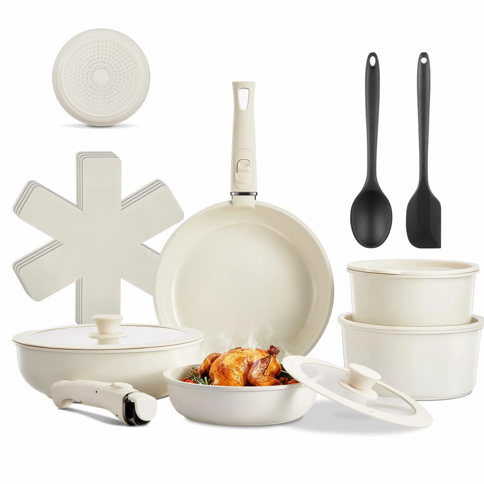Set Di Pentole 17 Pezzi Con Manici Rimovibili, Padelle Ceramica Non Tossiche, Pentole Antiaderente, Impilabile Per Tutti I Piani Cottura, Adatto Al Forno, Impilabile E Lavabile In Lavastoviglie