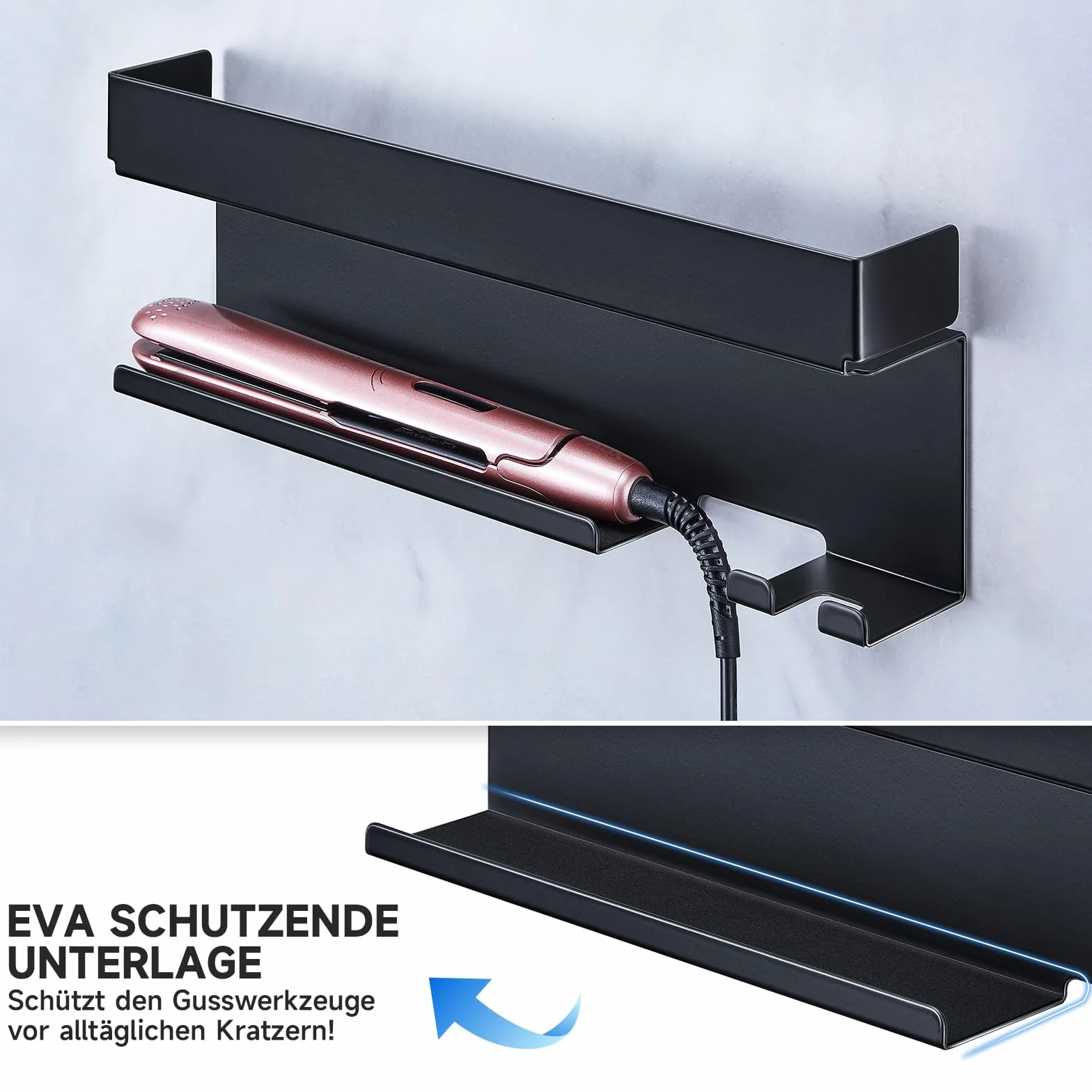 YYBO Supporto Asciugacapelli da Parete, Porta Phon da Muro Adesivo per Asciugacapelli Accessori Styler Curling Device, Porta Phon e Piastra per Camera da Letto, Bagno (Nero)