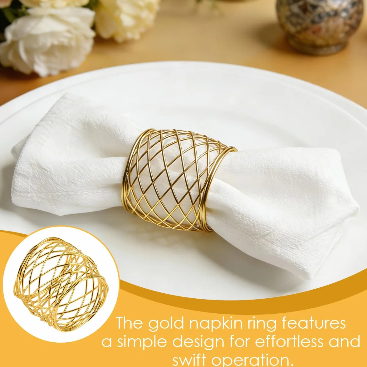Portatovaglioli 12pcs Anelli di tovagliolo di Metallo Dorato, Anello da Tavolo 4.3 * 5.2 cm, per Matrimonio Banchetto Cena Decorazione da Tavola per Feste d'Oro (12 Pezzi)