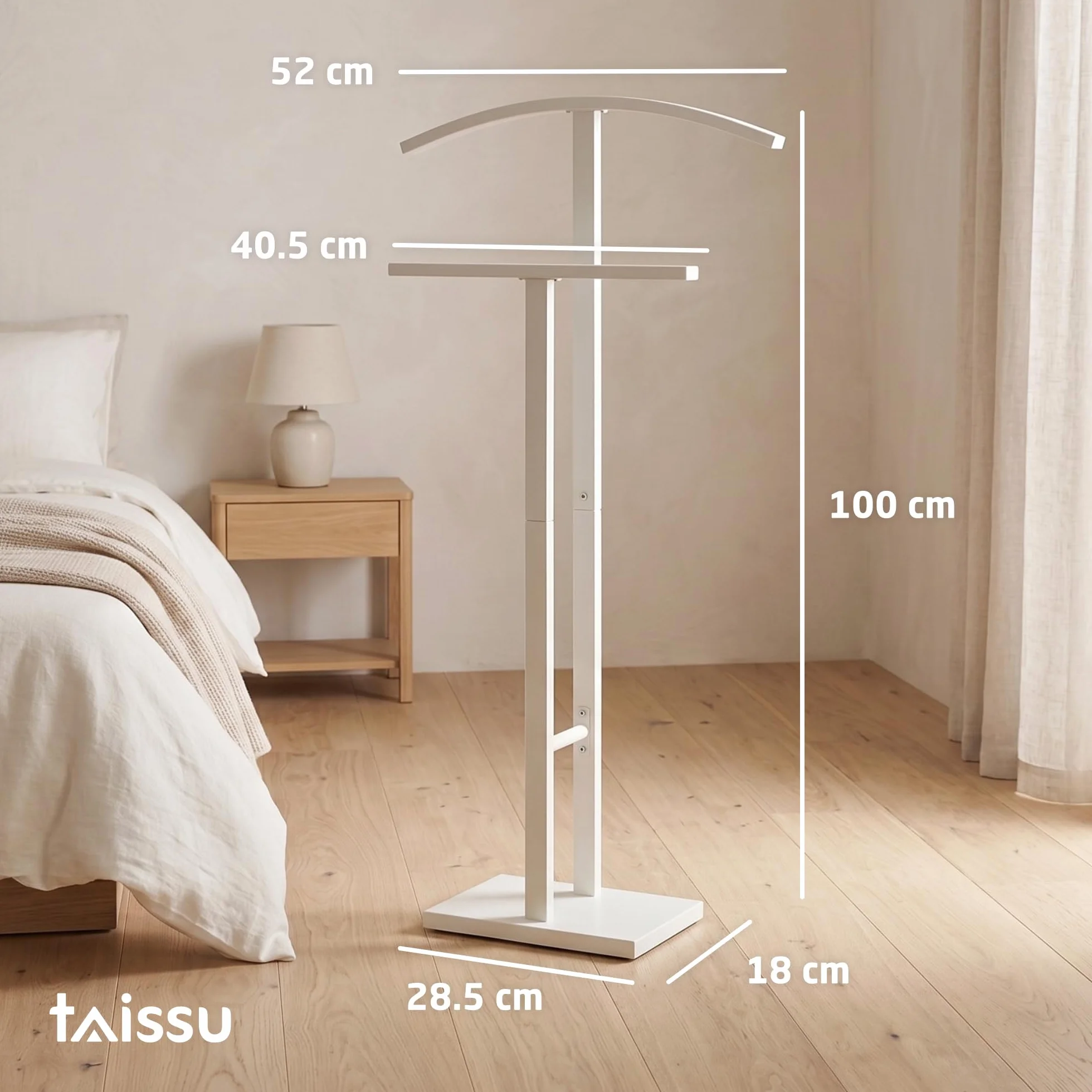 Servo Muto Mod. ADAK - Colore Bianco Opaco - Con Appendiabiti Superiore e Barra per Pantaloni - 52 x 18 x 100 cm - Acciaio con Base in Cemento - Appendiabiti per Camera da Letto