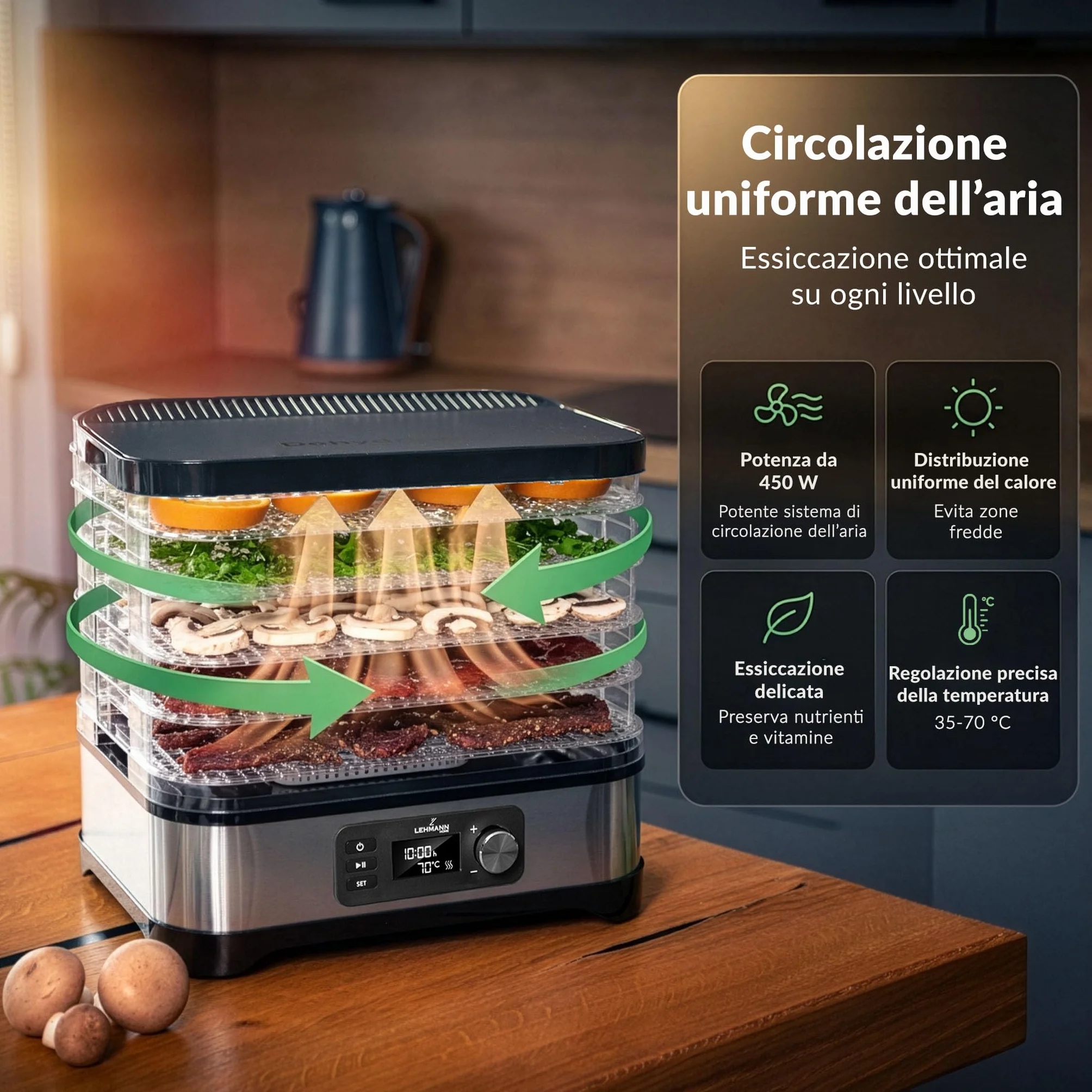 LEHMANN Essiccatore Alimentare, 5 Vassoi Regolabili in Altezza, Regolazione Temperatura 35-70°C, Timer 24h, BPA Free, Acciaio Inox, Essiccatore per Alimenti, Funghi, Frutta, Carne e Verdura