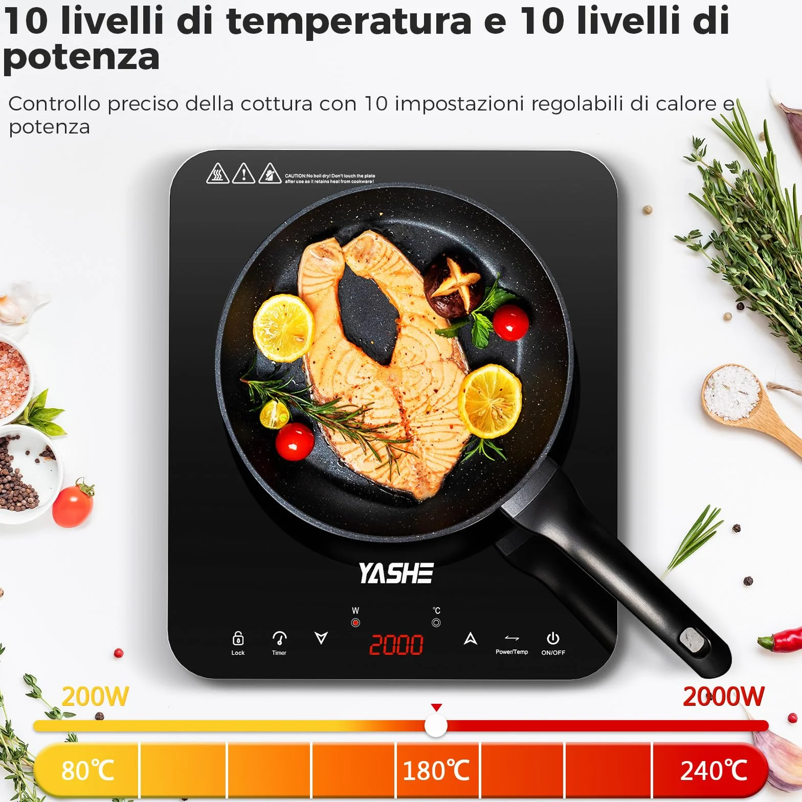 YASHE Piastra a Induzione Portatile 2000W Display LED Controllo Touch 10 Livelli Potenza Timer 4 Ore Blocco Bambini