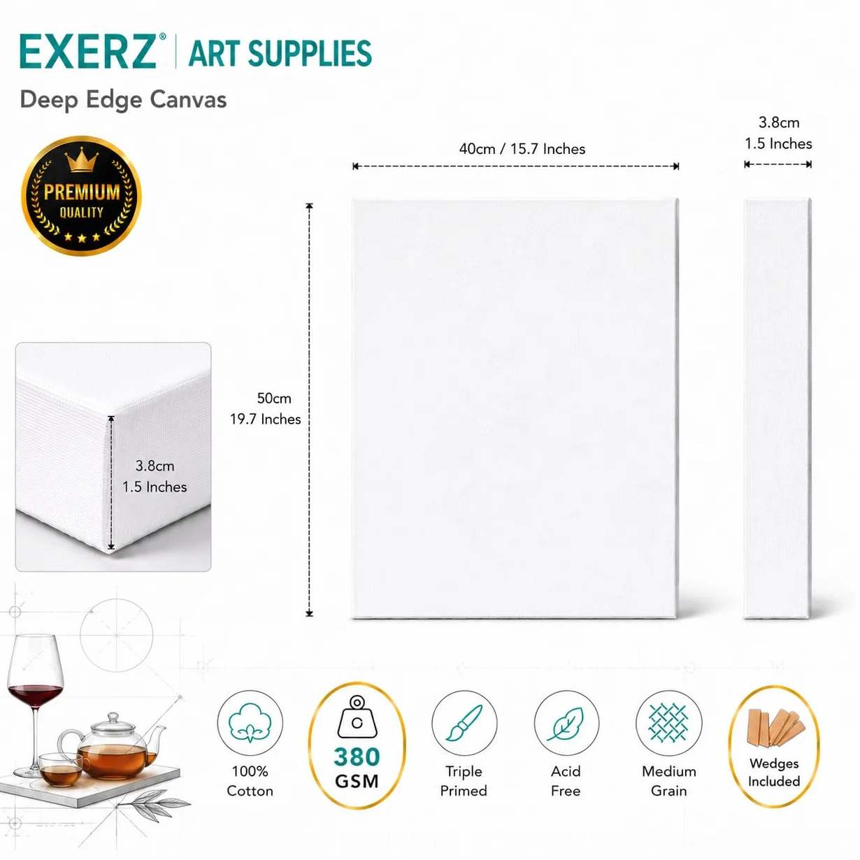 Exerz Tele intelaiate 4 Pezzi 40x50cm 3,8cm Spessore Bordo Profondo / 380GSM/ Prestirato 100% Cotone/Imprimitura/Triplo Innescato/Acido Libero/A Grana Media/Acrilici, Pittura ad Olio