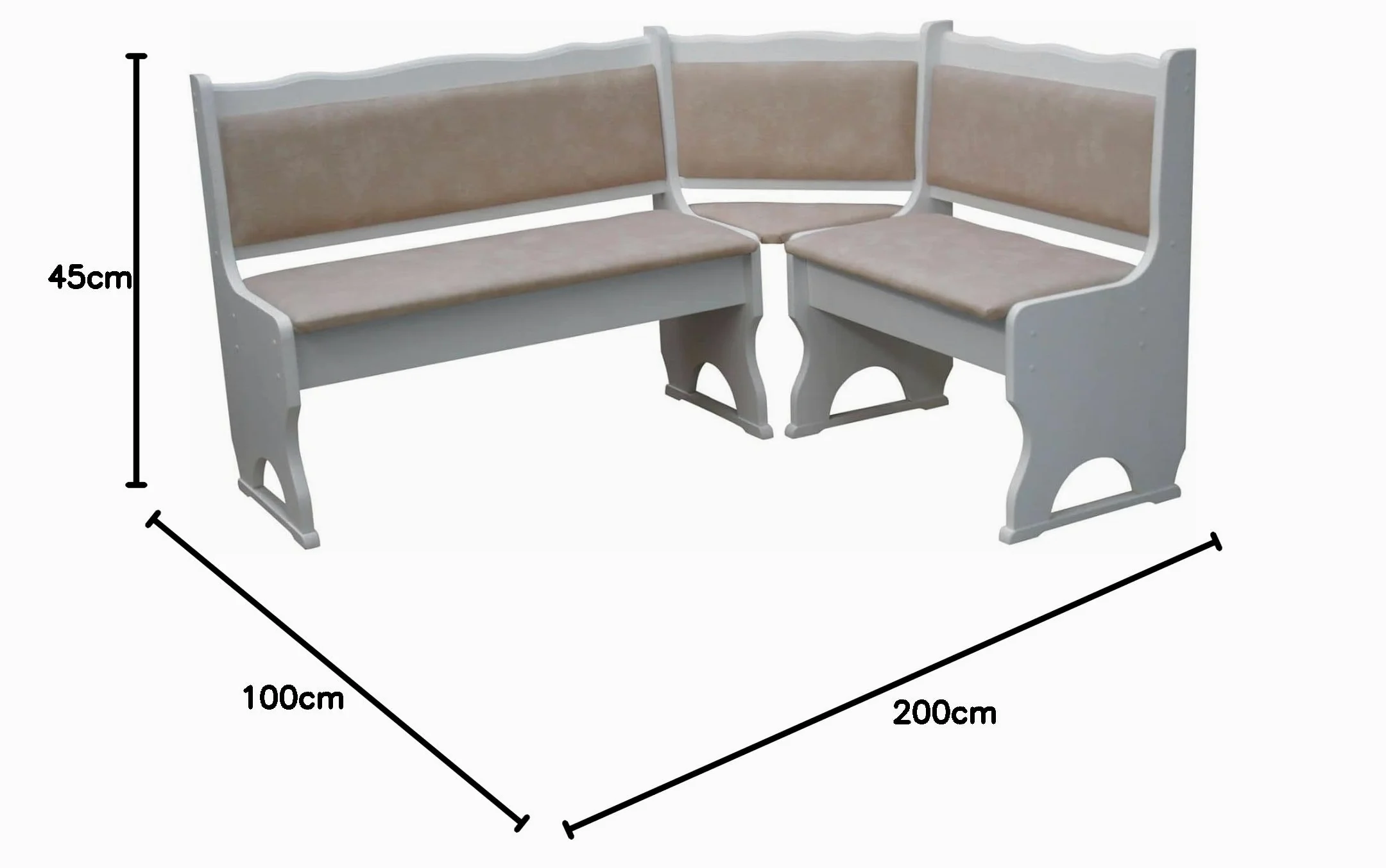 Imbottitura Panca angolare in legno di pino, colore bianco con imbottitura, in legno massello – Nuova pelle ecologica beige (100 x 100)