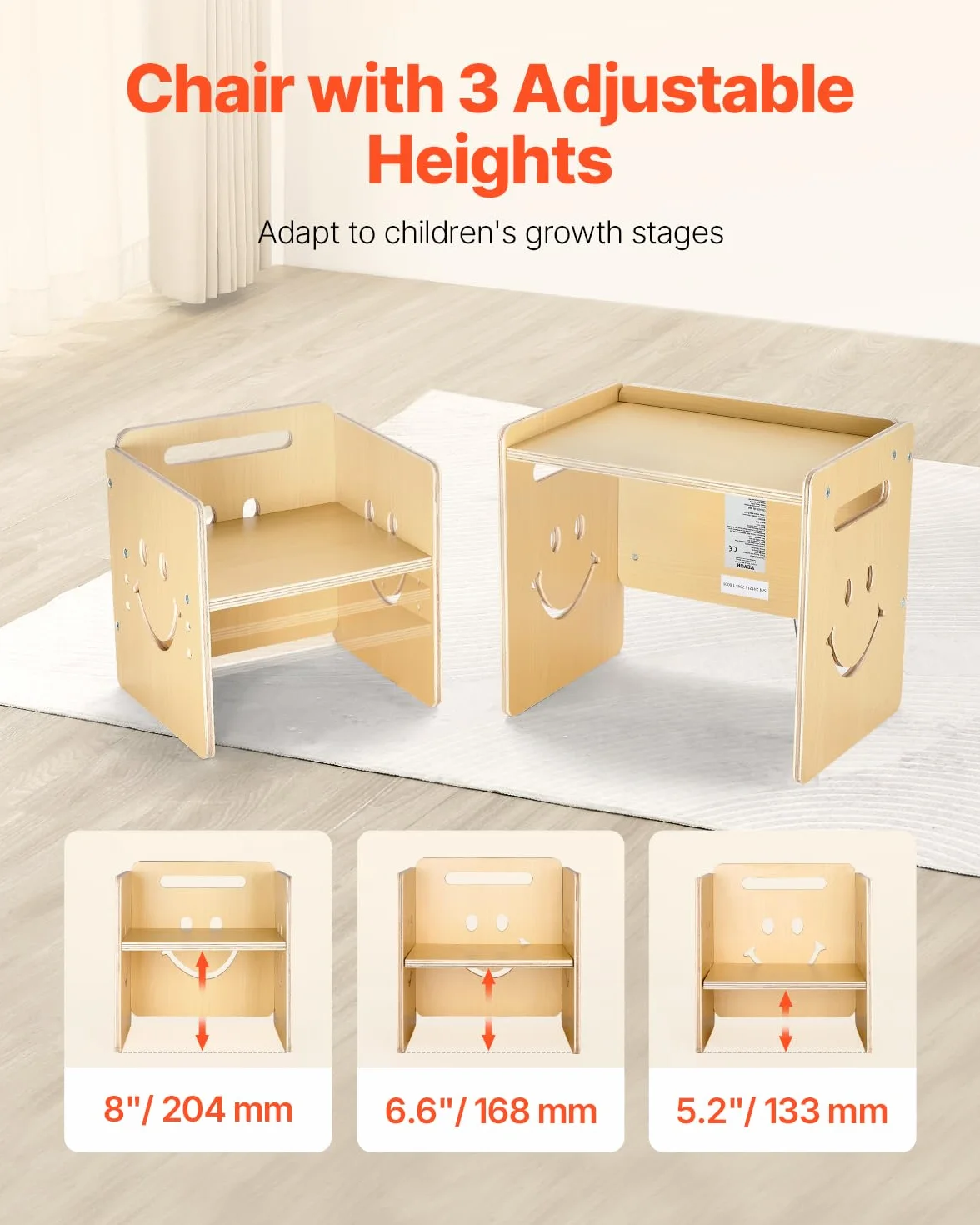 VEVOR Set Tavolo e Sedia per Svezzamento in Legno per Bambini 424 x 300 x 385 mm, Sgabello Regolabile 345 mm