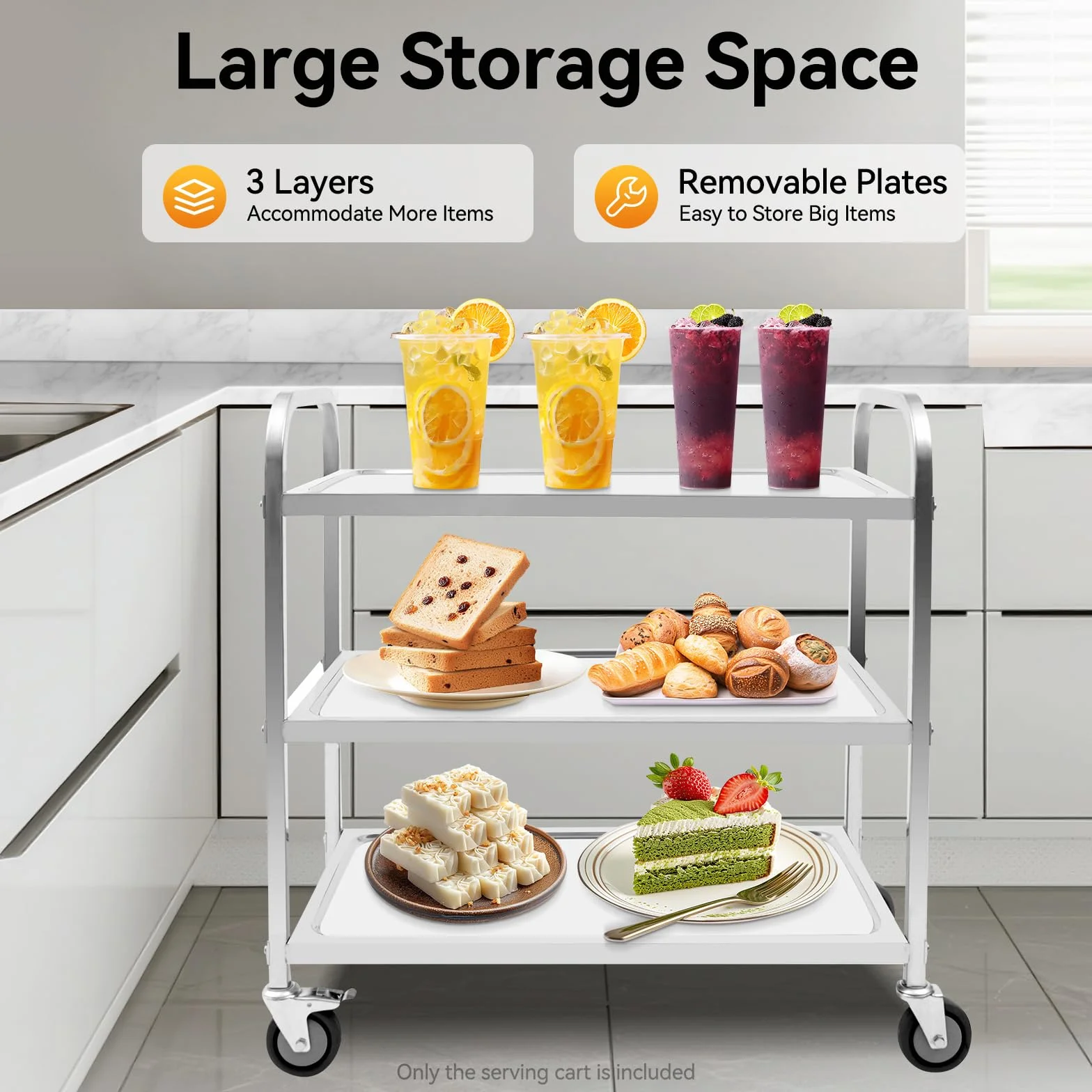 Carrello da portata a 3 ripiani, in acciaio inox con ruote e freni, 75 x 40 cm, carrello da cucina arrotolabile, portata 20 kg per livello, per ristorante, cucina e casa