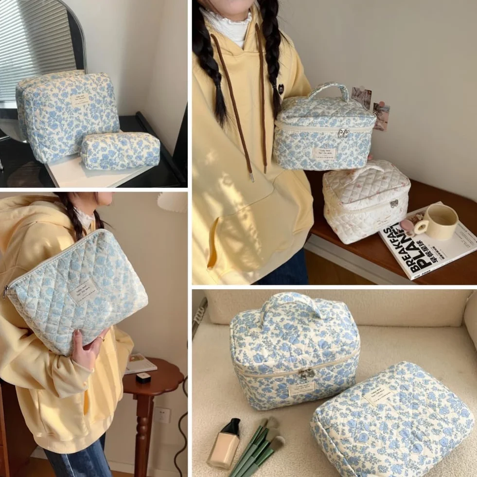 Aucuu Beauty Case 3 Pezzi Floreale Grande Capacità Borsa da Toilette Trapuntata Viaggio Cotone Morbido Makeup Bag Organizer