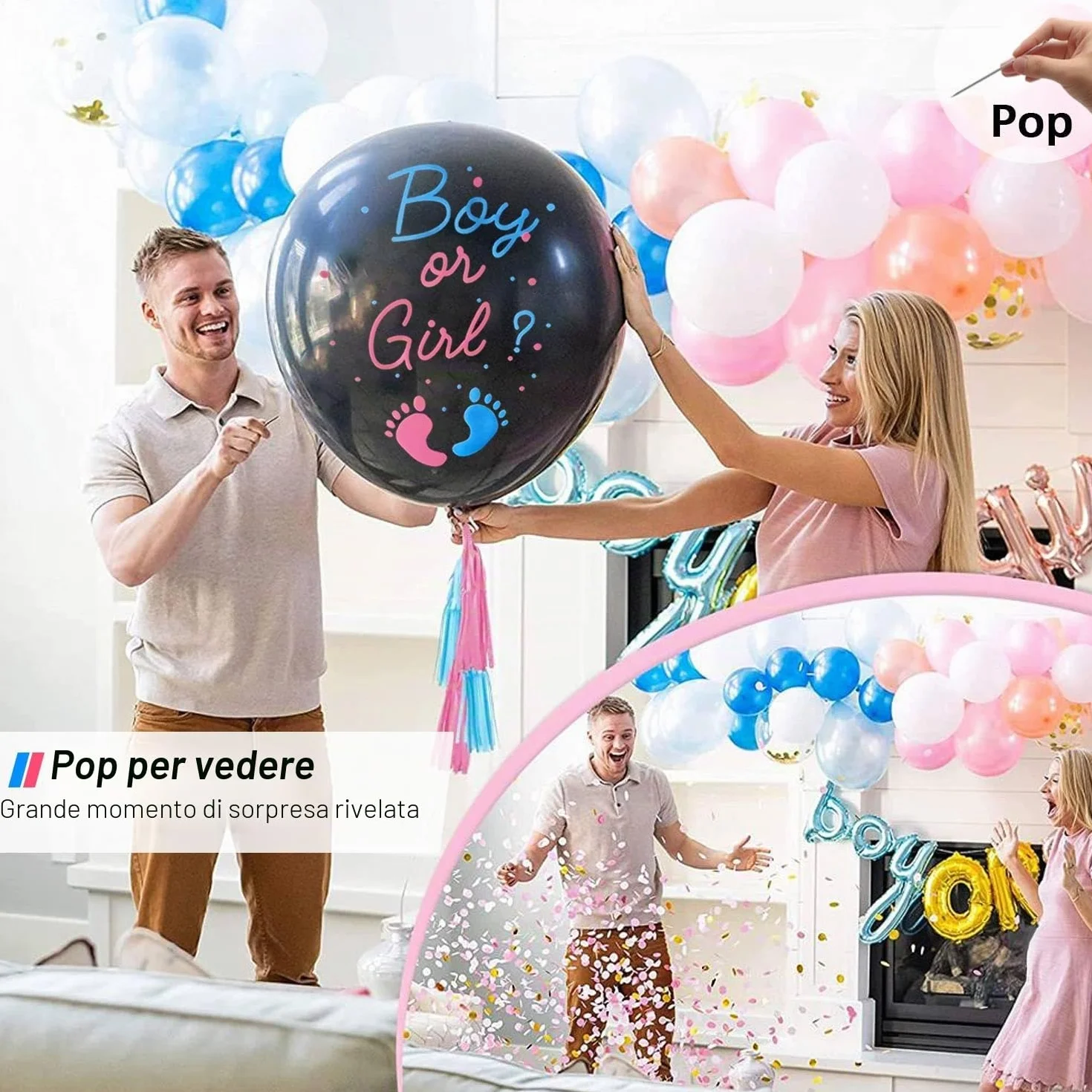 2pcs Palloncino Baby Shower Boy or Girl, 36 Pollici Palloncini Gender Reveal Grandi Palloncini in Lattice con Nastro di Coriandoli Rosa Blu per Baby Shower Decorazioni Gender Reveal Ideas