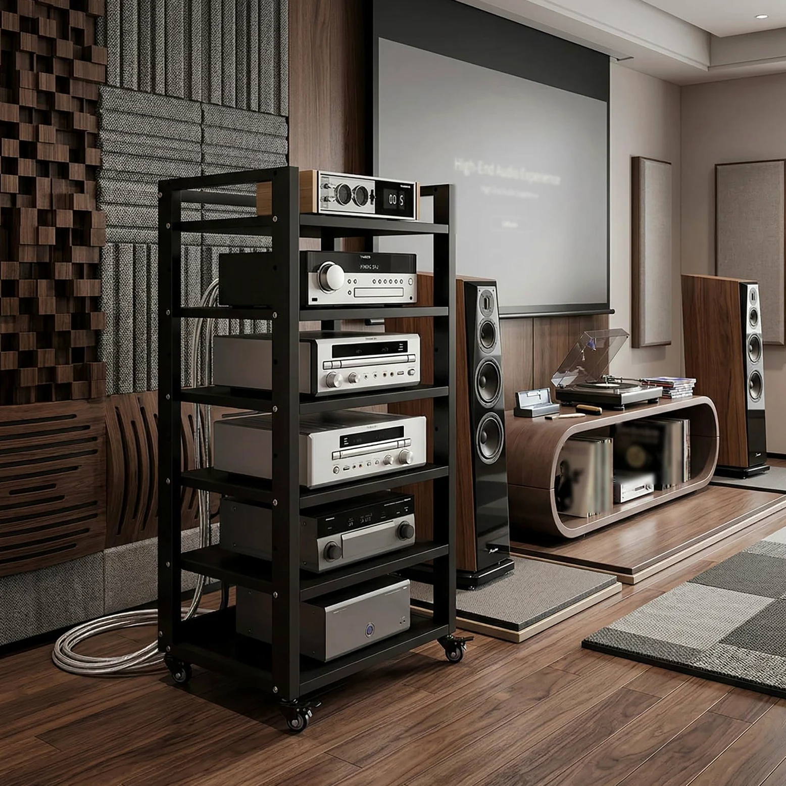 Mobile HiFi a 4 Ripiani per Giradischi e Componenti Audio - Supporto Multimediale Verticale con Struttura Robusta, Rack Stereo perfetto per Vinili, Console Gaming e Decoder, Design (A-6H, 50*40*120cm)