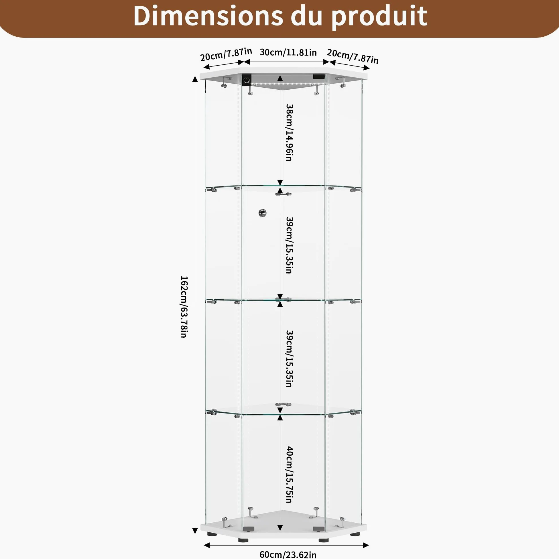 Vetrina angolare in vetro, vetrina su base in vetro LED, 4 ripiani 1 anta con porta, mobile vetrina in vetro con porta e serratura armadio vetrine a cinque angoli 162 x 60 x 35 cm (1 porta 4 strati
