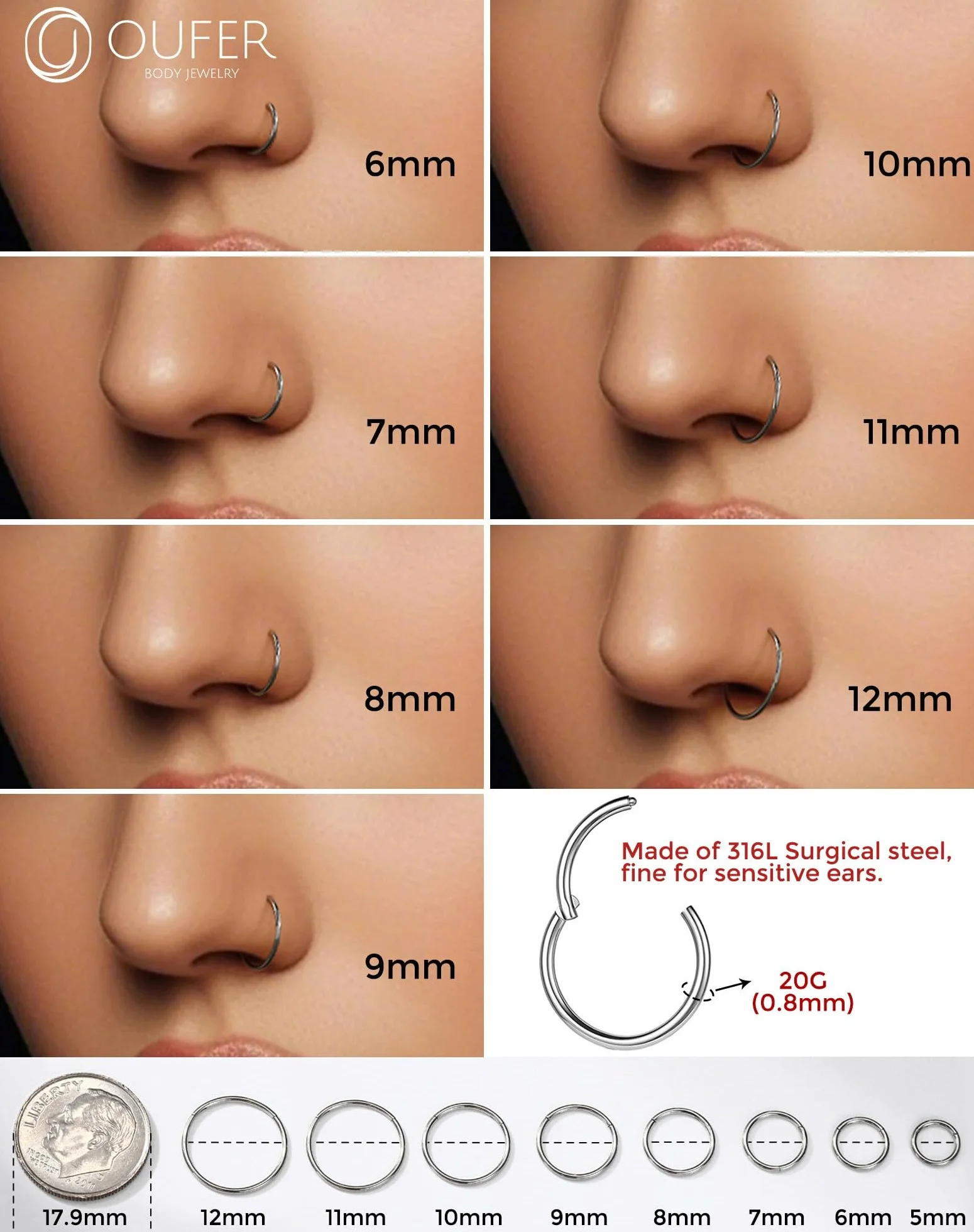 OUFER 20G Anellino Naso Acciaio Chirurgico 316L Piercing Naso Donna 5-12 mm Anello Naso Nostril Nose Hoop