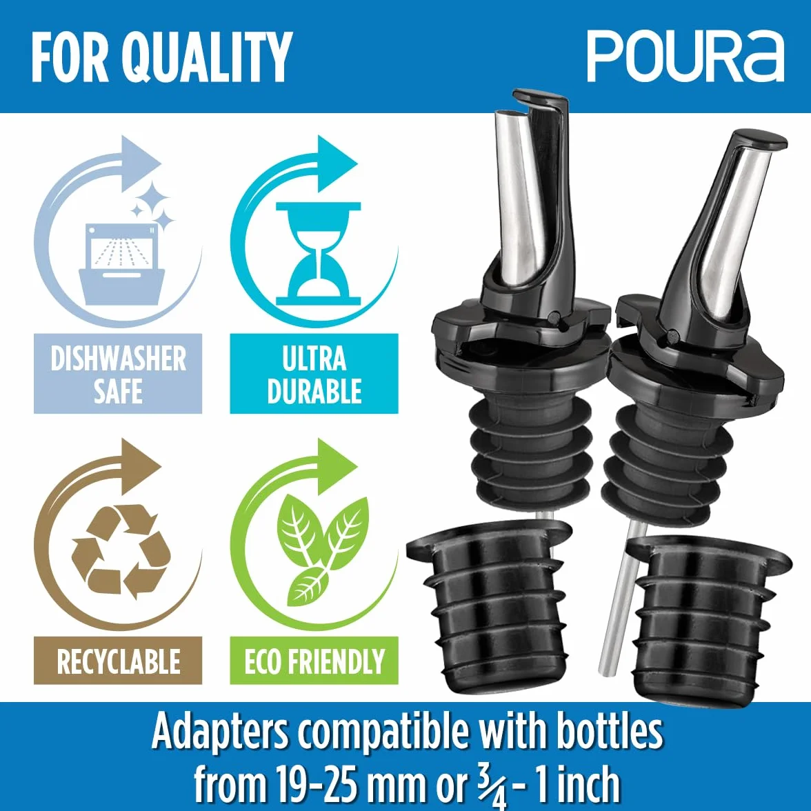 Poura Versatore in metallo Tappo per liquori in gomma naturale senza BPA 6 unità Nero