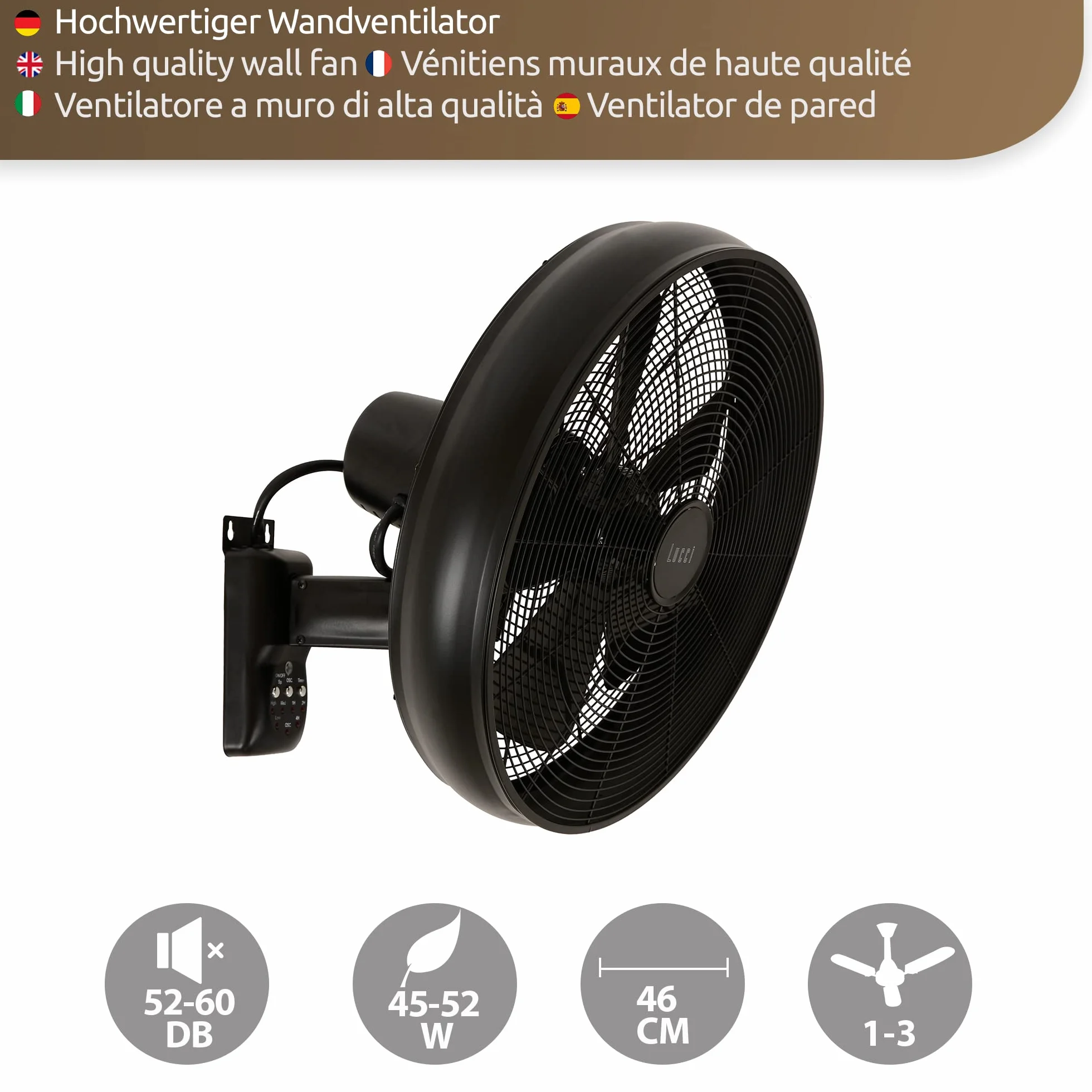 LUCCI AIR Breeze Ventilatore da Parete con Telecomando, Acciaio, Nero