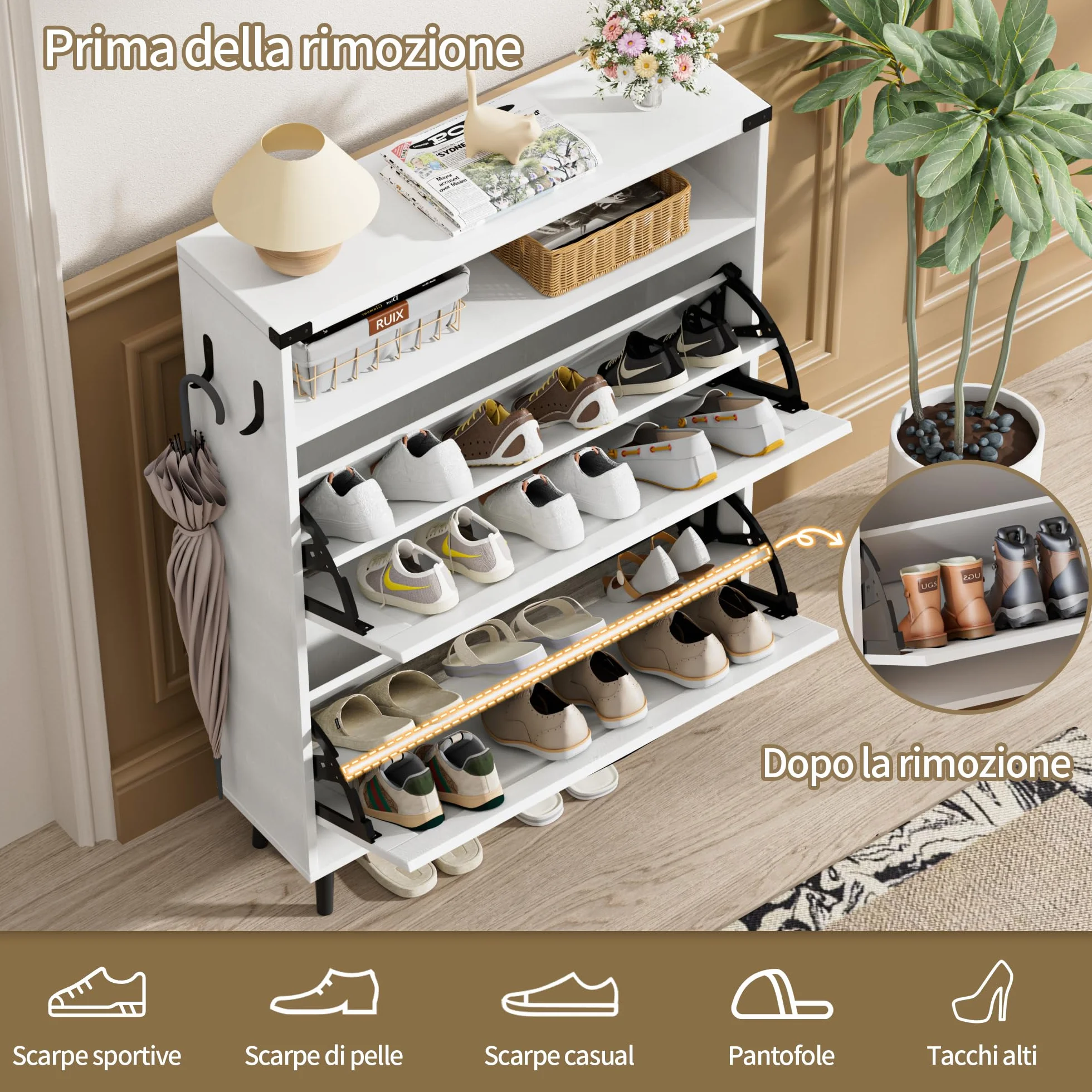 BonVache Scarpiera stretta 2 ante ribaltabile 4 ripiani mobile per scarpe legno 80x24x113,5 cm bianco