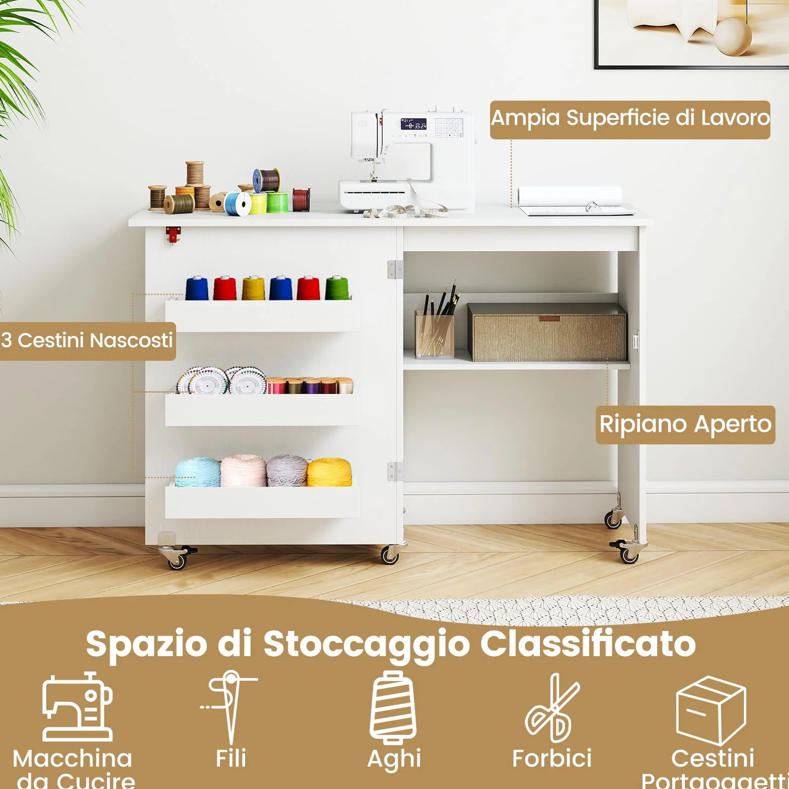 RELAX4LIFE Tavolo da Cucito Pieghevole con Ampio Piano del Tavolo, 3 Vani, Ripiano Portaoggetti,Mobiletto Salvaspazio con Ruote per Ago, Filo e Forbici (Bianco, Senza Prese)
