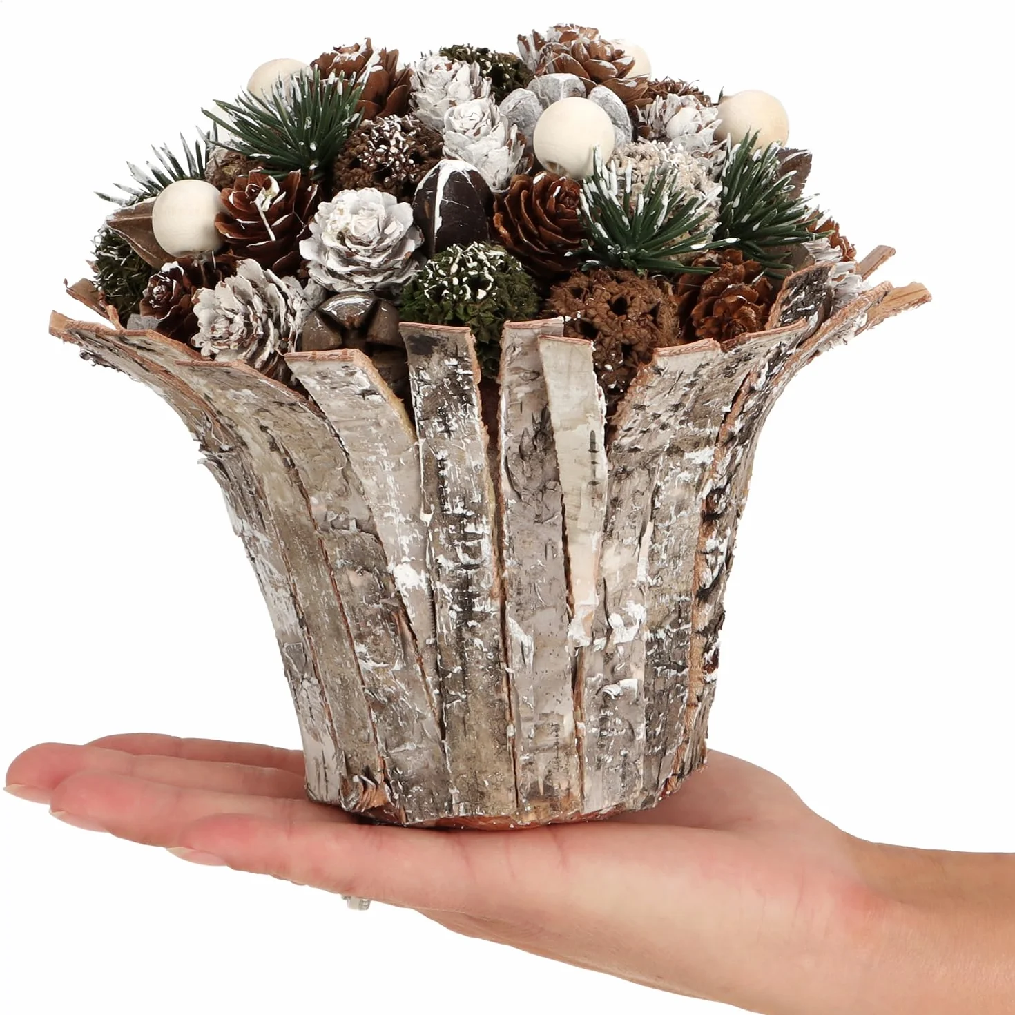 com-four® Composizione natalizia in vaso di fiori - diversi tipi di coni in vaso decorativo di corteccia - composizione floreale fatta a mano (1 pezzo - 18 cm - bianco - perle)