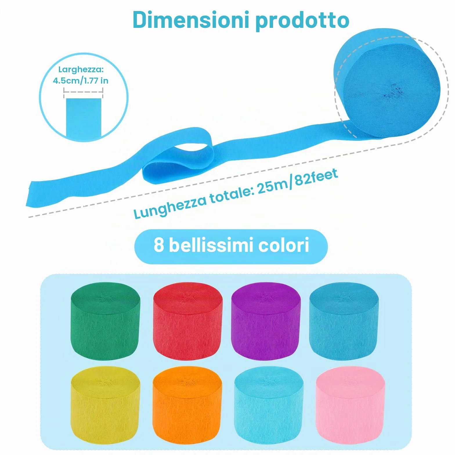 Nastro carta colorato 4,5 cm x 25 m, 8 rotoli, per matrimoni, carnevale, eventi festivi, serpentine e strisce multicolore