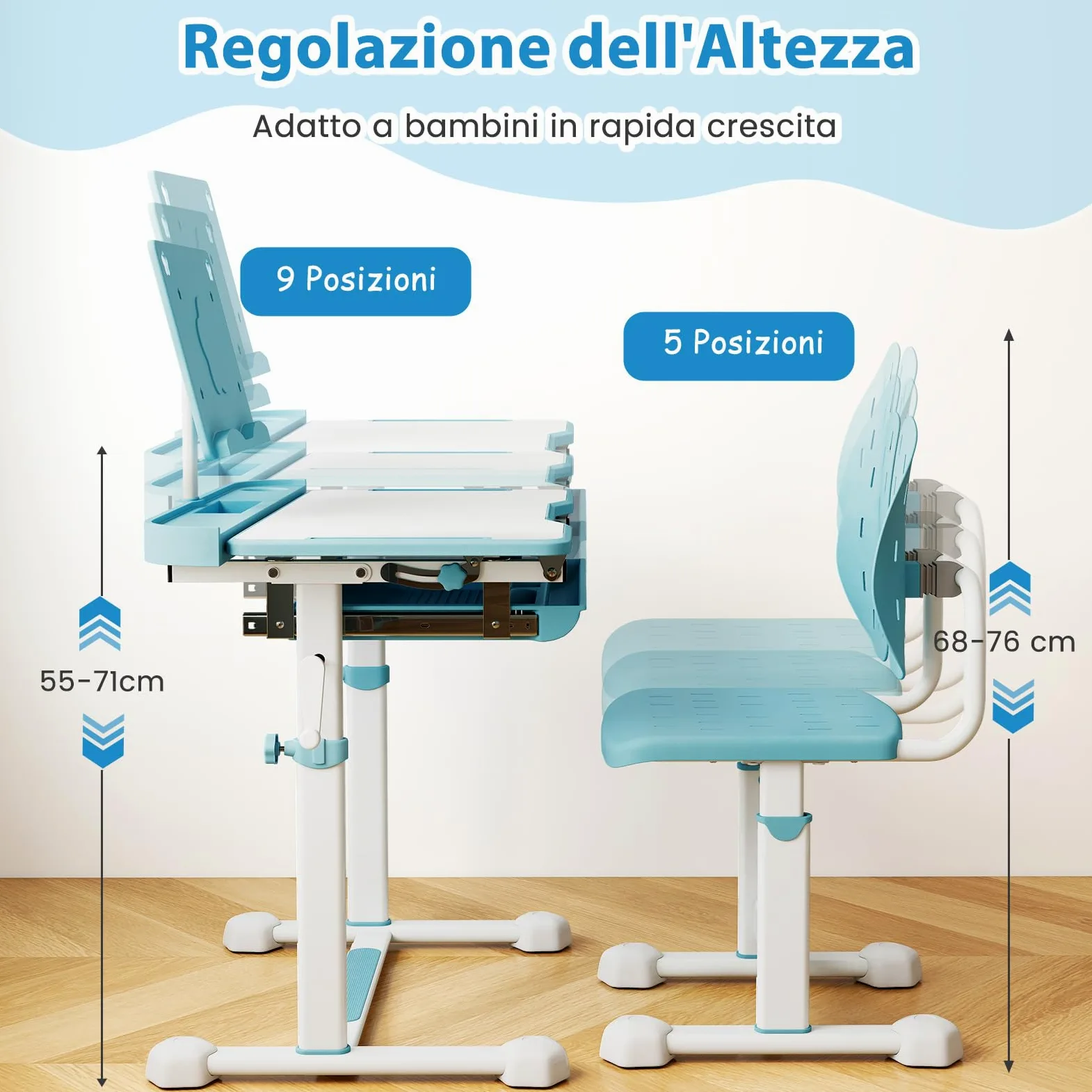 RELAX4LIFE Scrivania per Bambini con Sedia, Set Tavolo da Studio con Piano Inclinabile, Altezza Regolabile, Supporto per Libri, Portabicchieri, Cassetto Estraibile, Sedia Ergonomica (Blu)