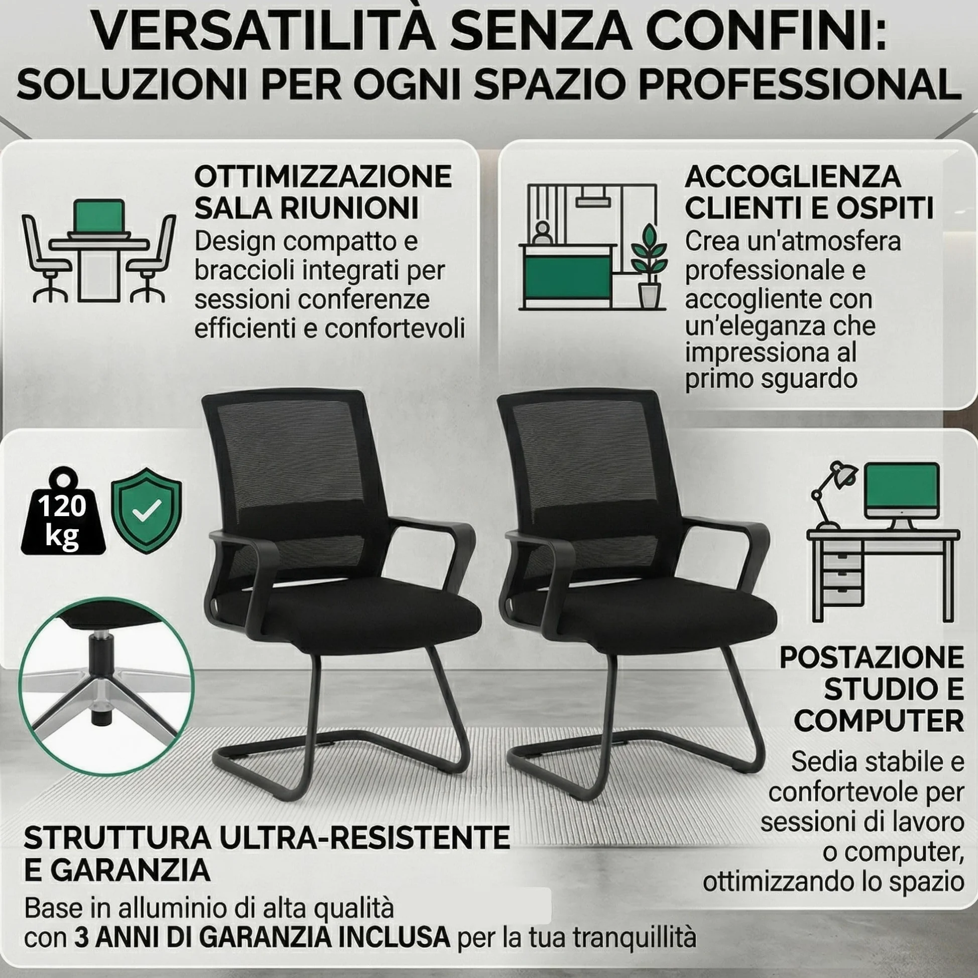 ZIK - Coppia Sedie Sala d'Attesa, Sedie con Braccioli, Comode e Traspiranti per Accogliere Ospiti e Clienti, per Sale Riunioni, Sedia Imbottita Senza Ruote, Poltroncine Sala d'Attesa per Ufficio