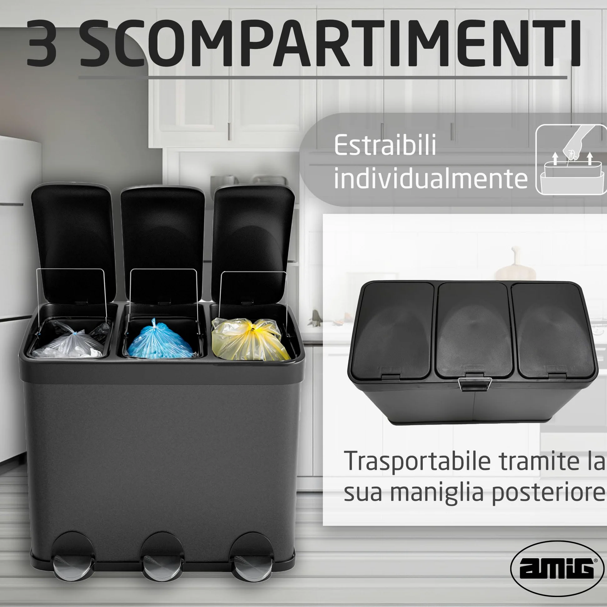 Amig - Pattumiera tripla con pedali 45 litri Mod. RECIK3-3 scomparti estraibili da 15 litri - Pattumiera per raccolta differenziata da cucina - Acciaio - Dimensioni: 60 x 37 x 49 cm - Nero opaco
