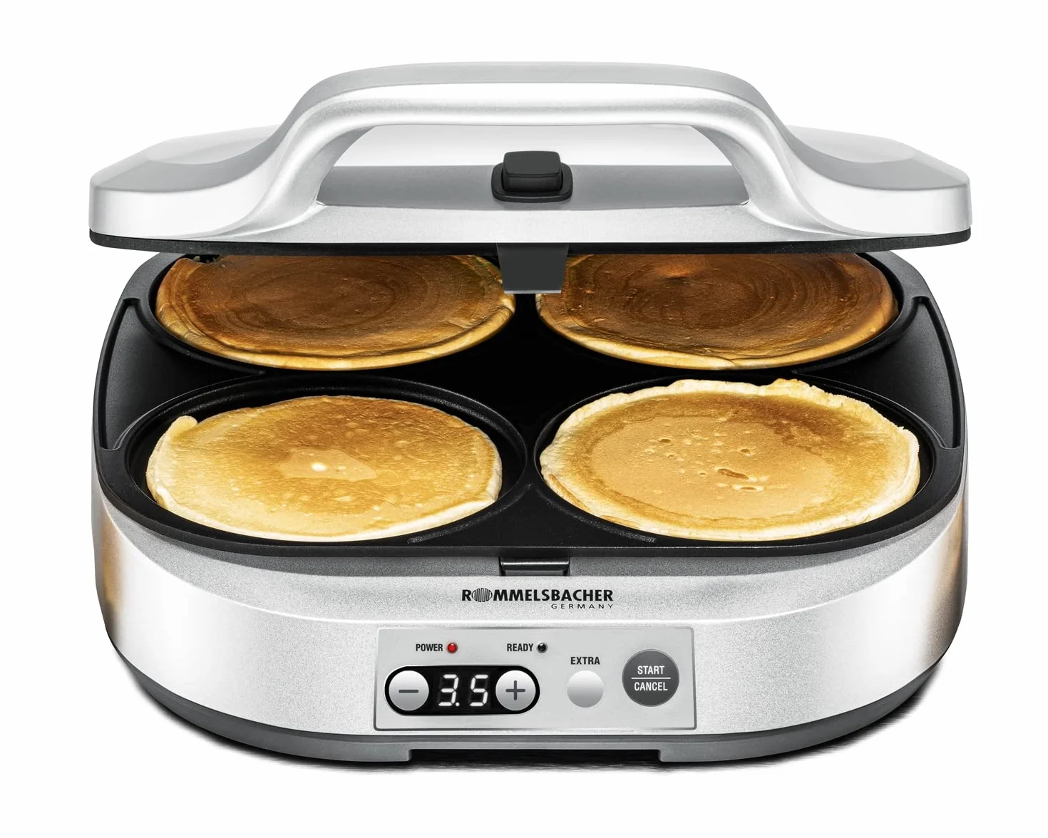 ROMMELSBACHER Pancake Maker PC 1800, 1800W, 4 piastre 13,5 cm, antiaderente, timer 15 min, spegnimento automatico, argento