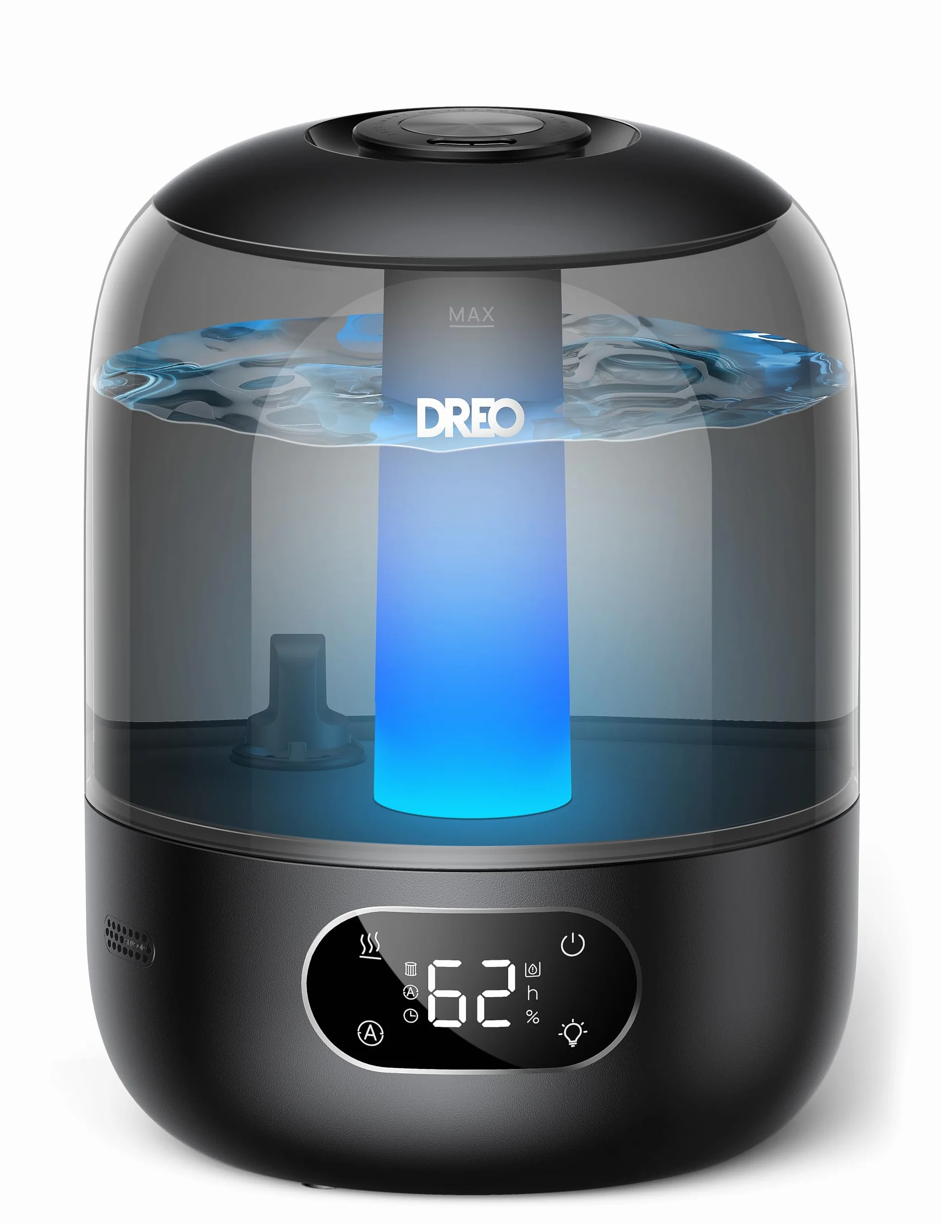 Dreo 3L Umidificatore Ambiente Bambini Silenzioso 26dB con Sensore di Umidità, Ultrasuoni Nebbia Fresca, Ugello 360°, 30h Autonomia, Diffusore Oli Essenziali, Luce Ambientale, per Casa e Piante, Nero