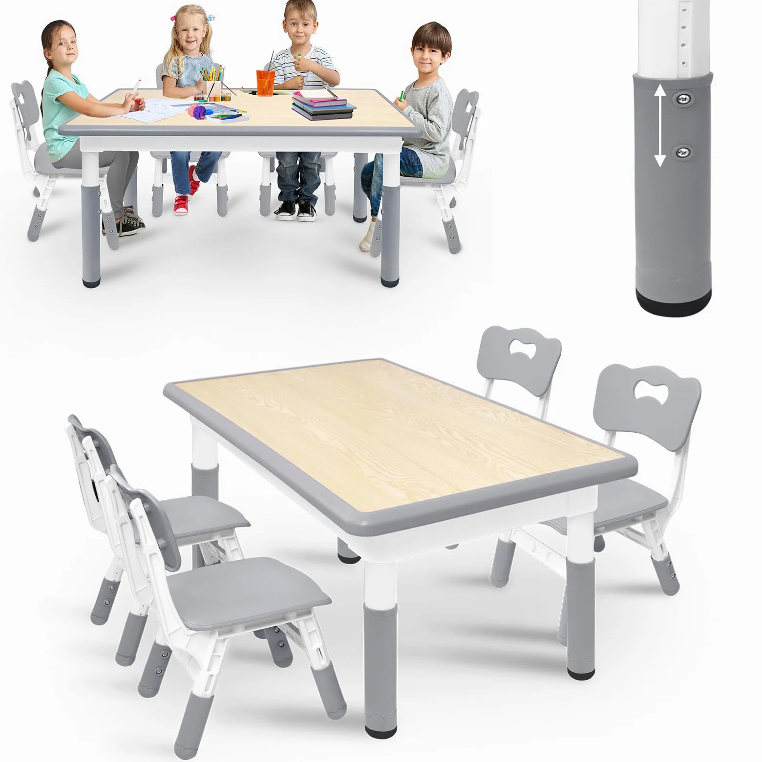 ACXIN Tavolo per bambini con 4 sedie, in plastica, per bambini, regolabile in altezza, per cameretta dei bambini, colore grigio