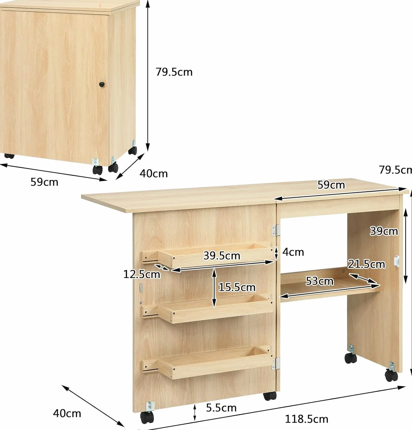 FANTASK Armadio da cucito pieghevole 2 in 1, tavolo da cucito in legno con 3 ripiani per bobine, armadietto per macchina da cucire per soggiorno, camera da letto e ufficio, beige